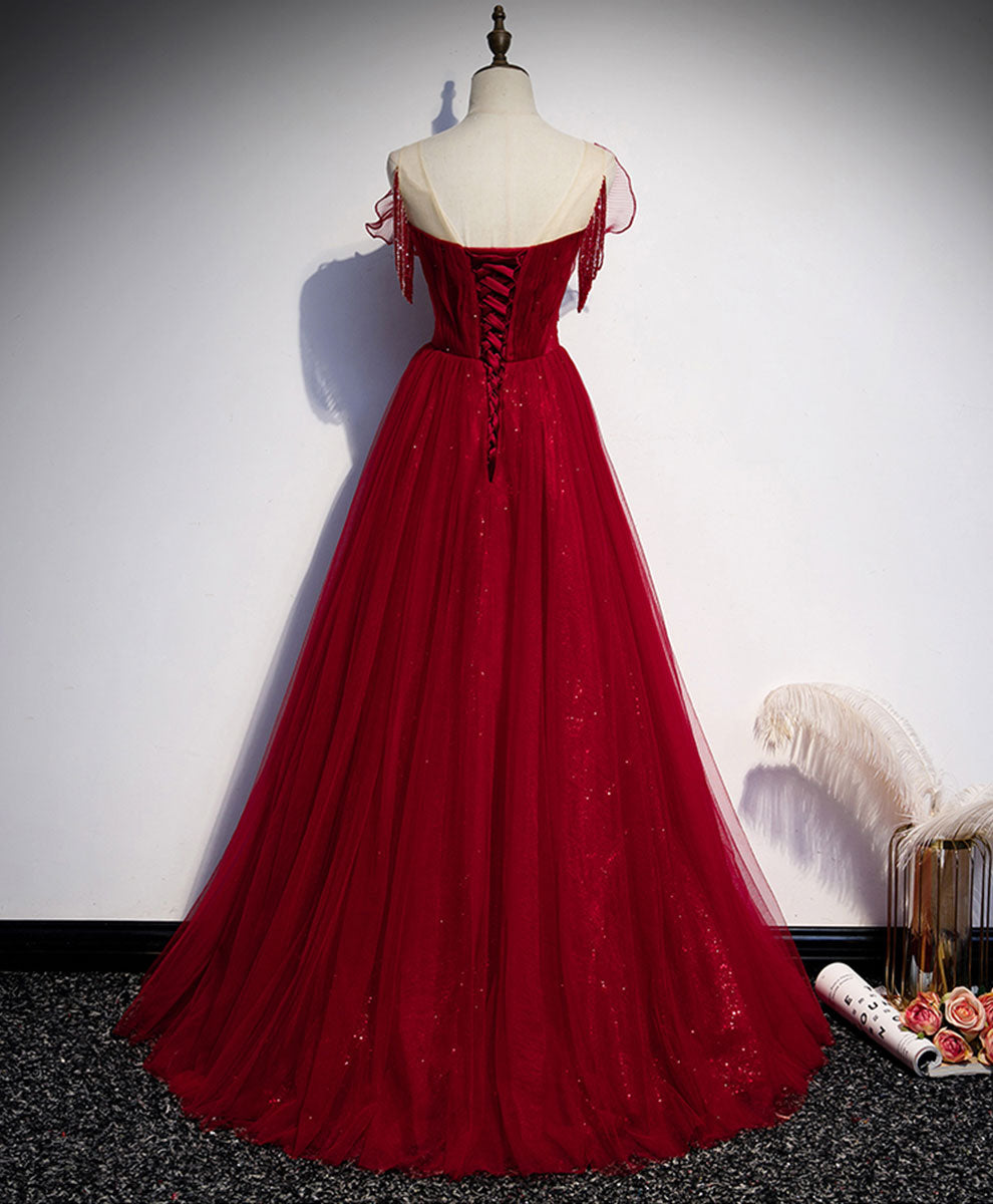 Elegant Burgundy Tulle Long Prom Dress with Round Neck - Perfect for Formal Dances, Evening Galas & Special Occasions