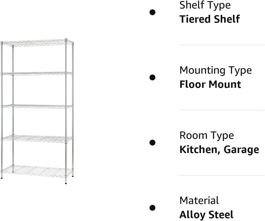 5-Tier Heavy Duty Metal Wire Shelving Unit - Adjustable Storage Rack for Kitchen, Pantry, Garage & Office (72