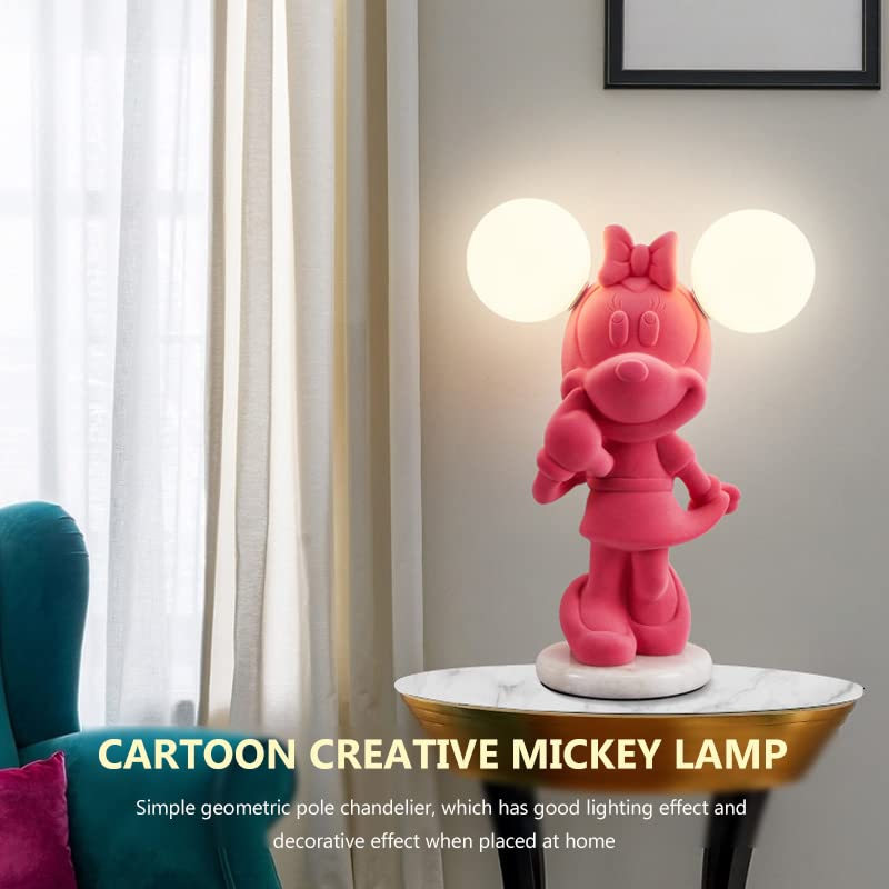 Pink Cartoon Mickey Mouse Night Light - 2-Pack Resin Table Lamp with Frosted Glass Shade & Marble Base, Cute Bedside Lamp for Girls Room, Living Room, Study Room - Perfect for Kids Bedroom Decor, Reading Nook & Cozy Nighttime Ambience