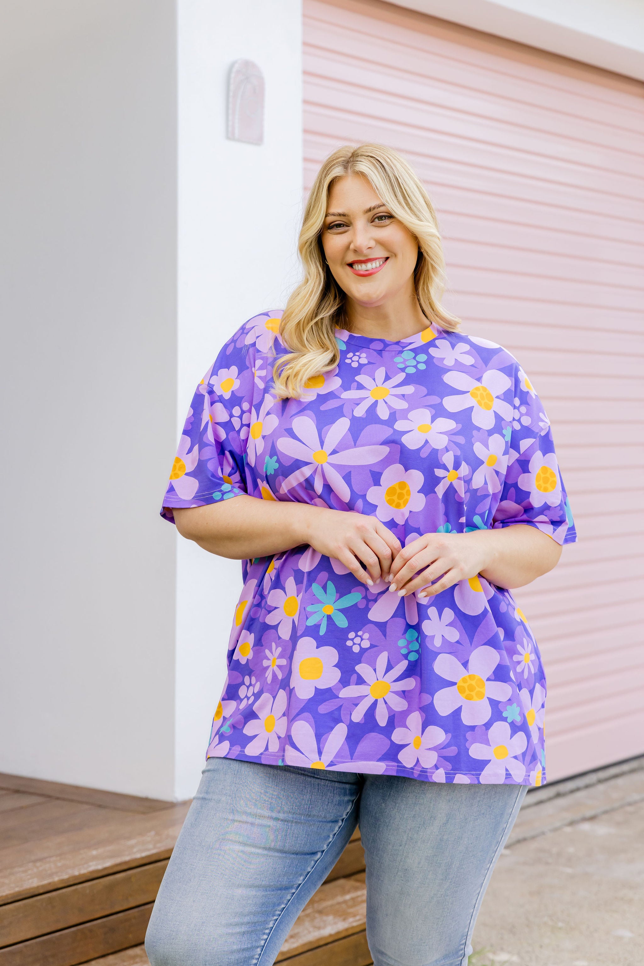 Lilac Daisy Print Coco T-Shirt for Women - Soft Cotton Casual Tee for Summer Outfits, Beachwear, and Everyday Fashion