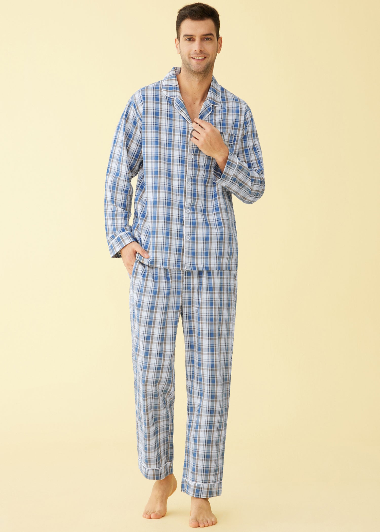 Men's Lightweight Cotton Pajama Set - Long Sleeve Shirt & Pants for Comfortable Sleep & Lounge Wear - Perfect for Nighttime Relaxation, Travel & Home Use