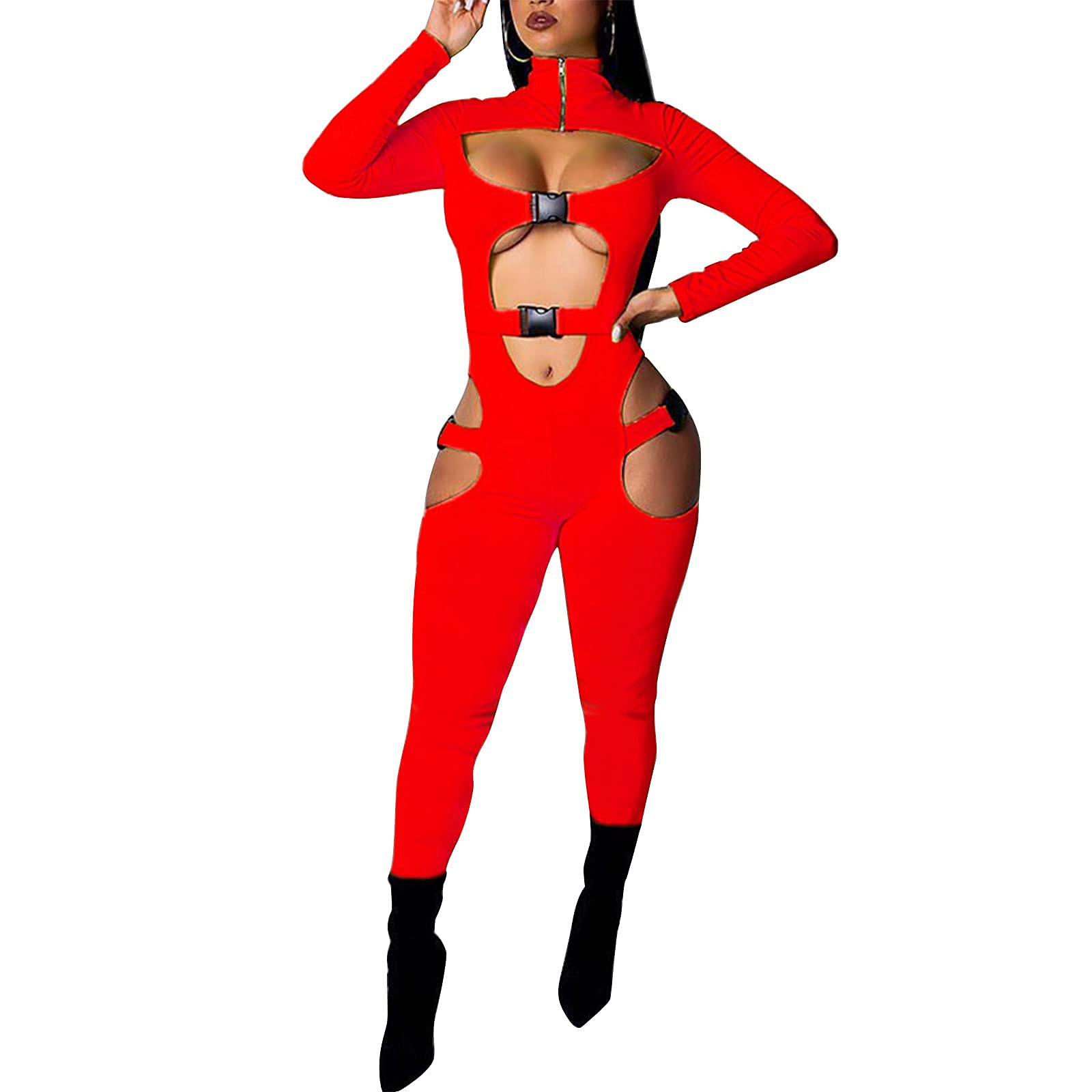 Sexy Hollow Out Jumpsuit for Women - Long Sleeve Buckle Cut Out Biker Shorts Romper Bodysuit | Y2K Clubwear & Streetwear Fashion | Perfect for Nightclubs, Parties and Trendy Outfits