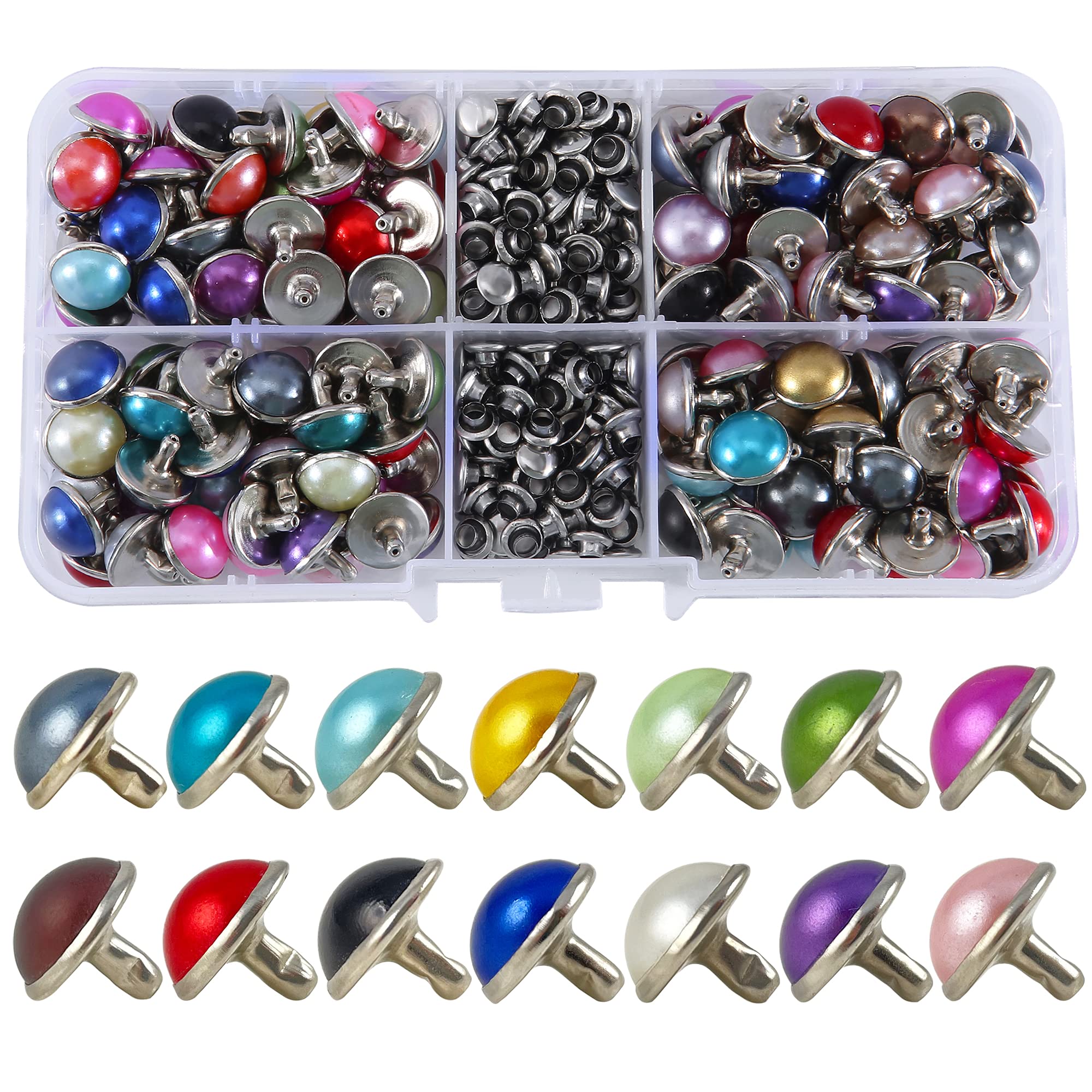 YORANYO 160 Sets 13/32 Inch Mixed Colors Leather Rivets & Pearl Studs - Imitation Pearl Decorative Rivets for Clothing, Belts, Bags, Shoes & Dog Collars - Perfect for DIY Leather Crafts, Fashion Accessories & Home Decor Projects