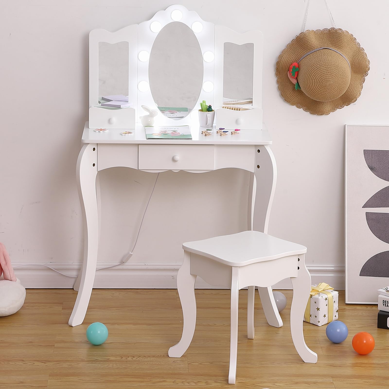 **Princess Makeup Vanity Set for Girls - Wooden Kids Dressing Table with Tri-Fold Mirror, LED Lights, Stool & Drawer - 2-in-1 Toddler Vanity for Pretend Play & Room Decor**    *(Perfect for Birthday Gifts, Playroom Decor, and Pretend Makeup Play for Toddlers & Little Girls)*