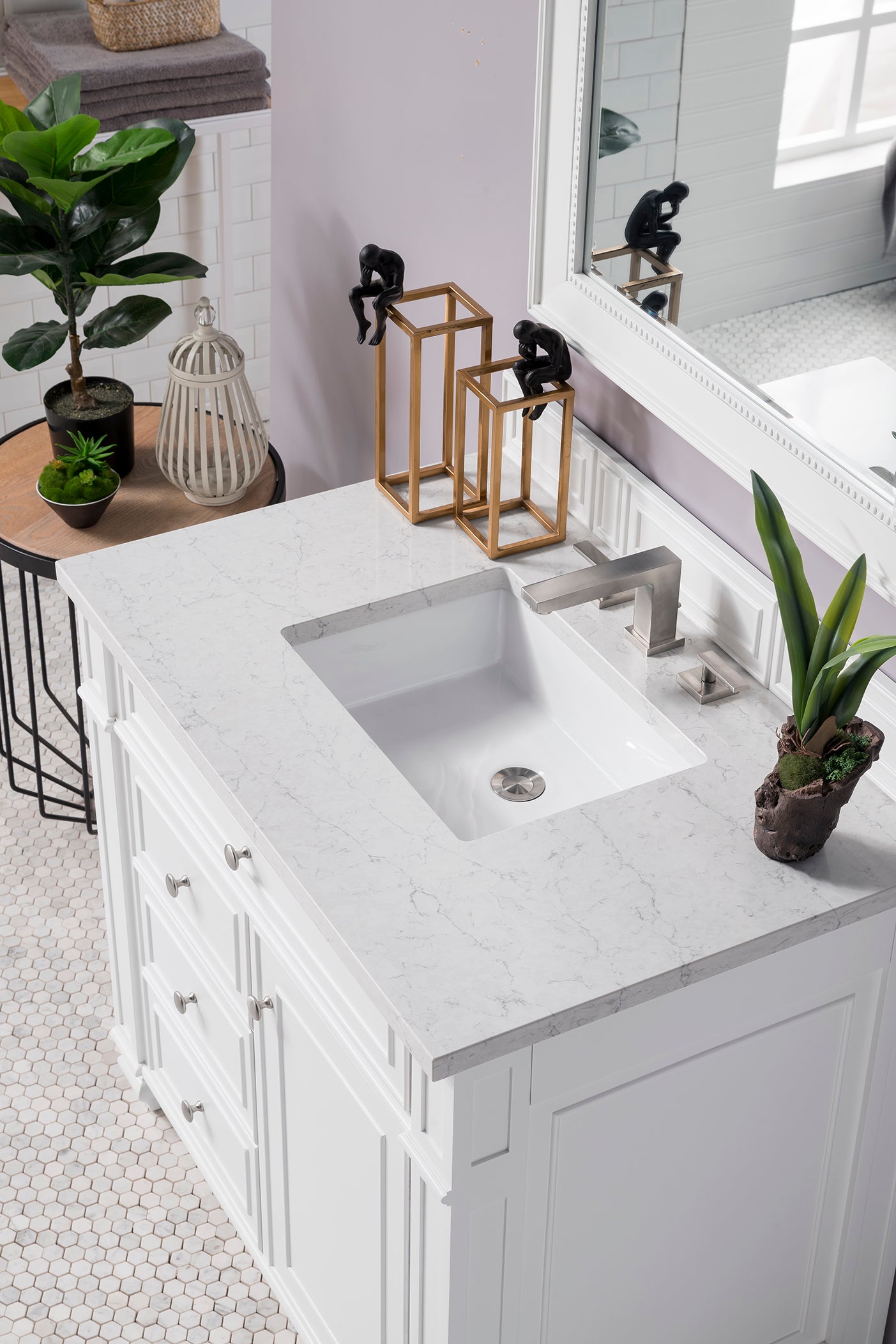 Bristol 36 Inch Single Bathroom Vanity Set with Eternal Jasmine Pearl Quartz Top in Bright White - Perfect for Modern Master Bathrooms and Powder Rooms