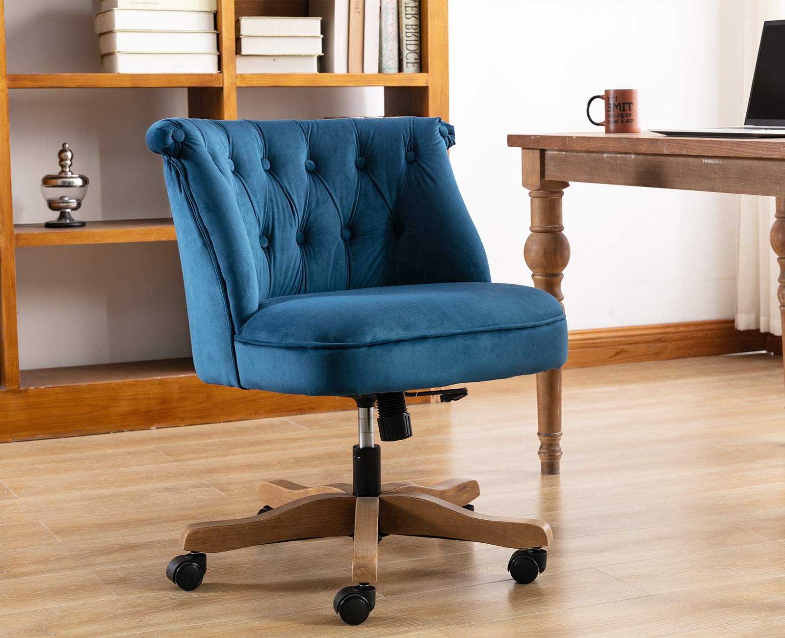 Blue Velvet Upholstered Fabric Desk Chair - Tufted Button Armless Office Chair with Adjustable Height & Swivel Wood Base for Home, Girls, Boys | Perfect for Study, Work, Gaming & Vanity Desk