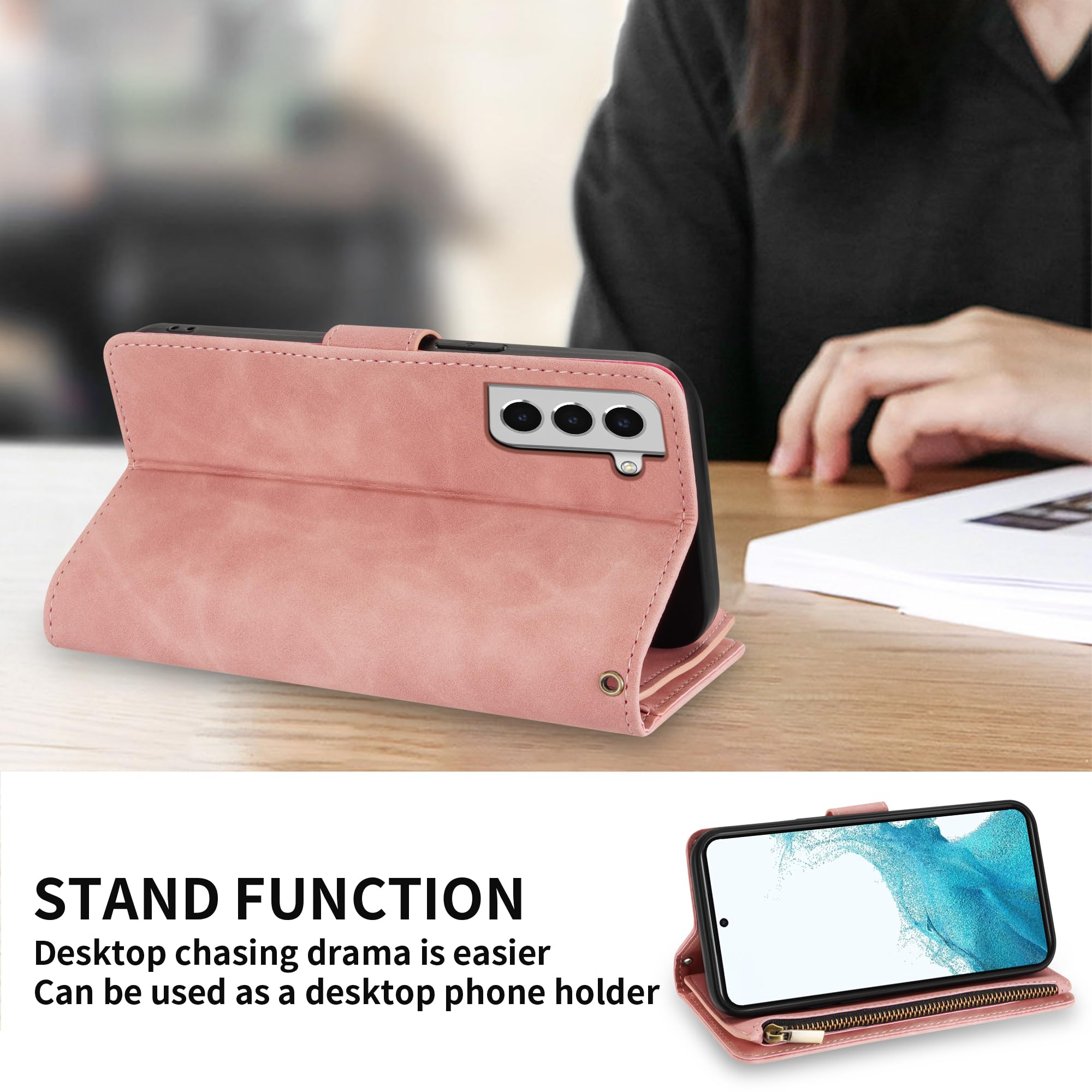 Premium Soft PU Leather Zipper Flip Folio Wallet Case for Samsung Galaxy S22 (6.1 Inch) – Card Slot, Wrist Strap & Kickstand – Protective Pink Cover for Daily Use, Travel & Business