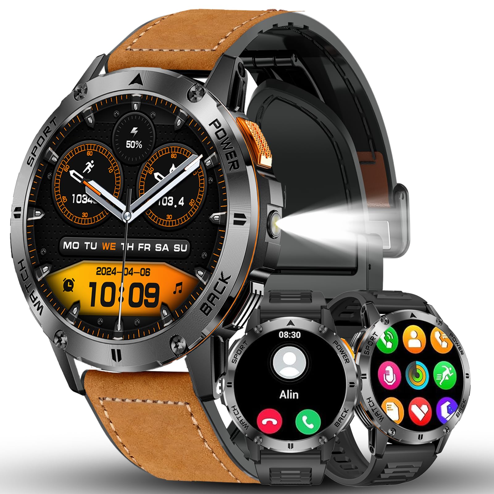 FILIEKEU Men's Smartwatch with Bluetooth Calls, Heart Rate & Sleep Monitor, IP67 Waterproof Fitness Tracker - Brown Leather Strap for Android & iOS - Perfect for Workouts, Running & Daily Activity Tracking