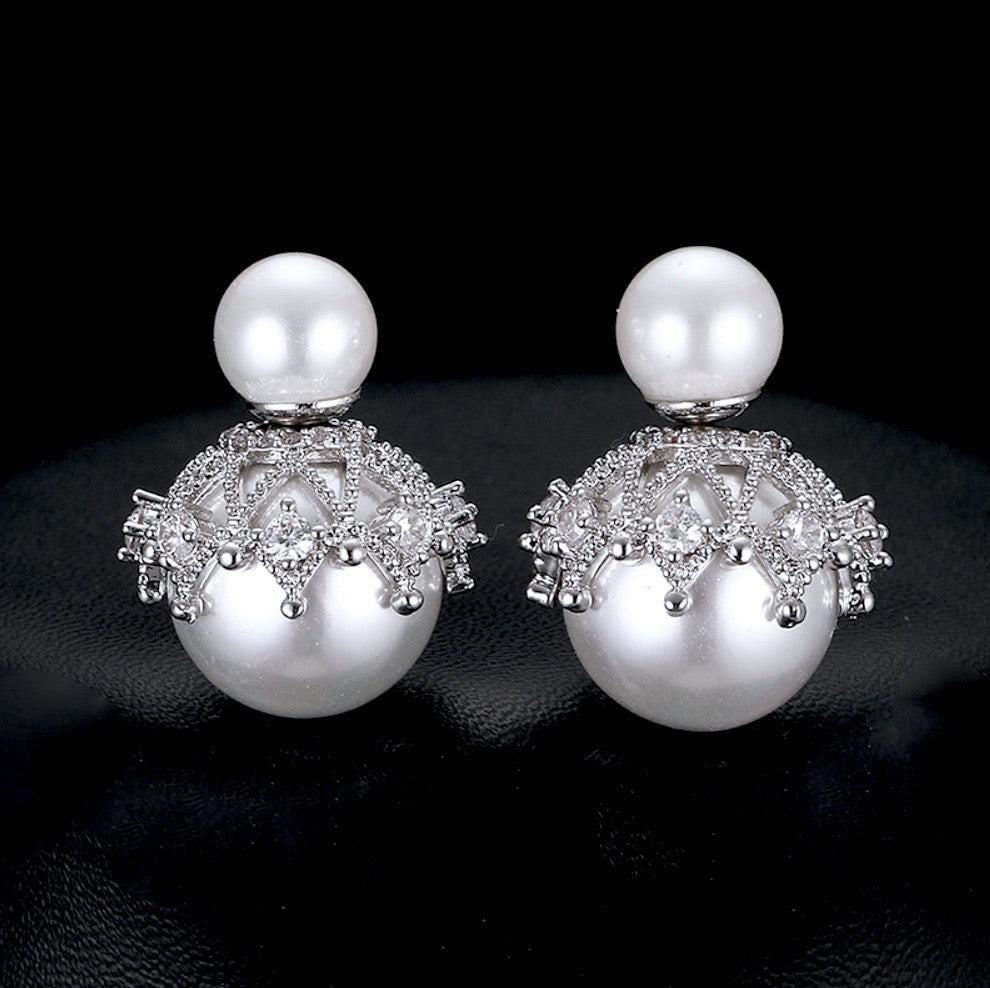 Noelle Double Pearl Bridal Earrings - Elegant Wedding Jewelry for Bride (White & Gray) | Perfect for Bridal Shower, Wedding Ceremony & Special Occasions