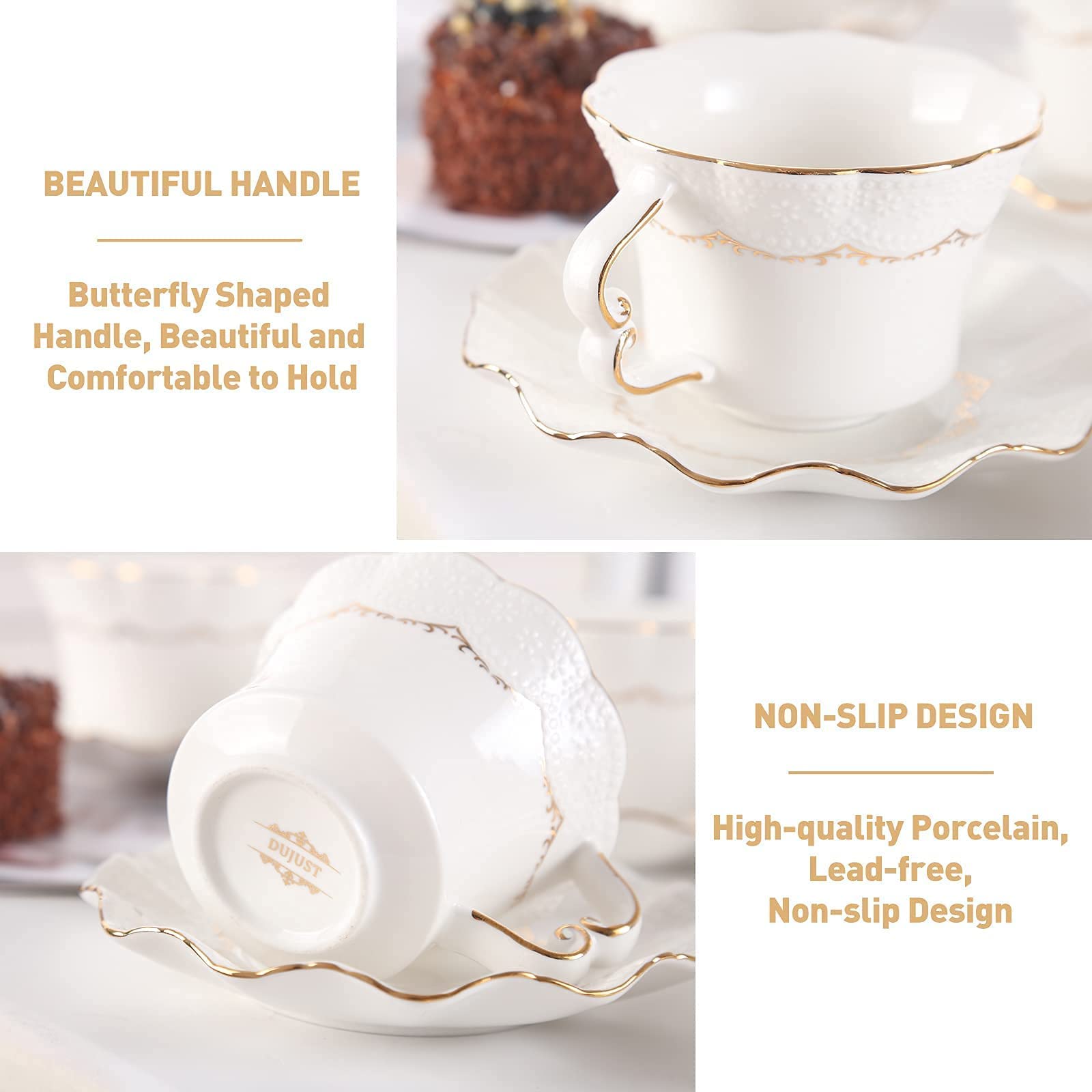 Premium 6-Piece Porcelain Tea Set with Teapot, 8.5oz Cups & Saucers - British Royal Style Floral Relief Design with Tea Warmer - Perfect for Afternoon Tea Parties, Bridal Showers & Elegant Home Decor (White)