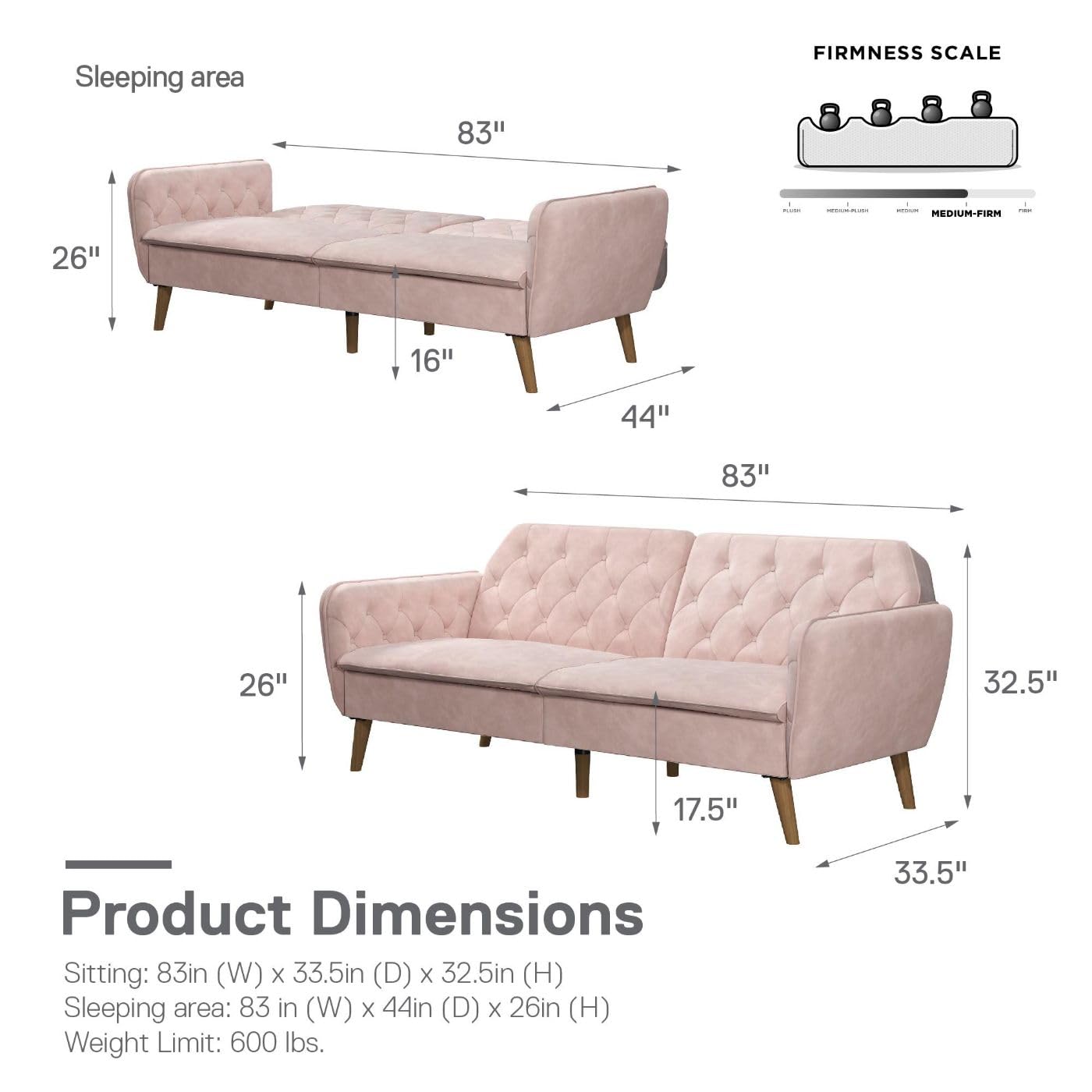 Novogratz Tallulah Convertible Memory Foam Futon Couch - Pink Velvet Sofa Bed for Small Spaces, Guest Room & Dorm | Comfortable Sleeper for Living Room, Apartment & Studio