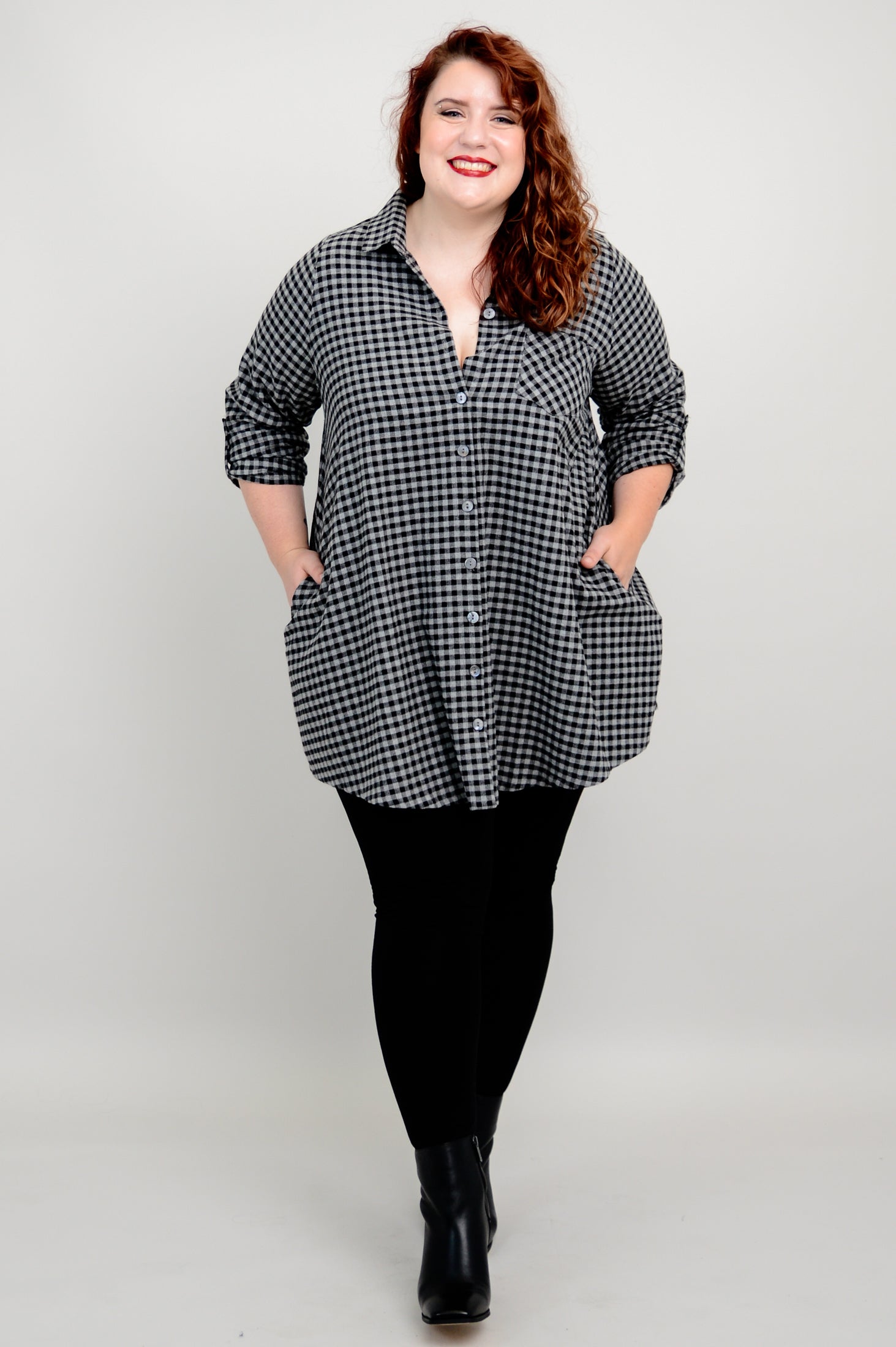 Celine Tunic Top - Charcoal Gingham Cotton Flannel Shirt for Women | Casual Wear, Office Outfit & Fall Layering Essential