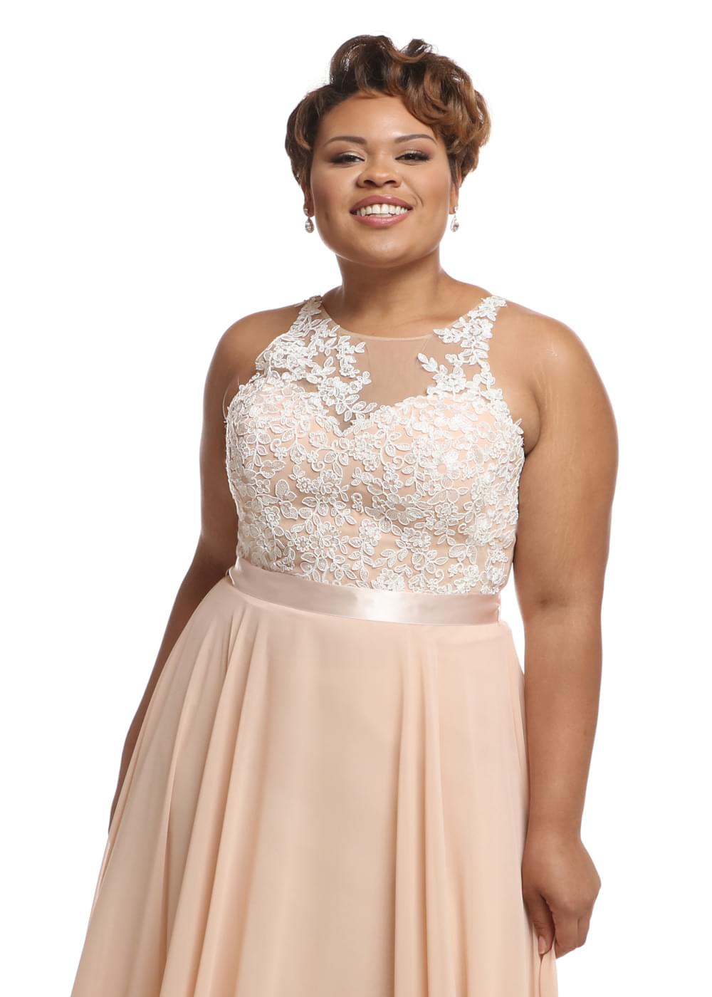 Elegant 80039 Chiffon Bridesmaid Dress with Illusion Lace Halter Neckline - Perfect for Weddings, Prom & Formal Events