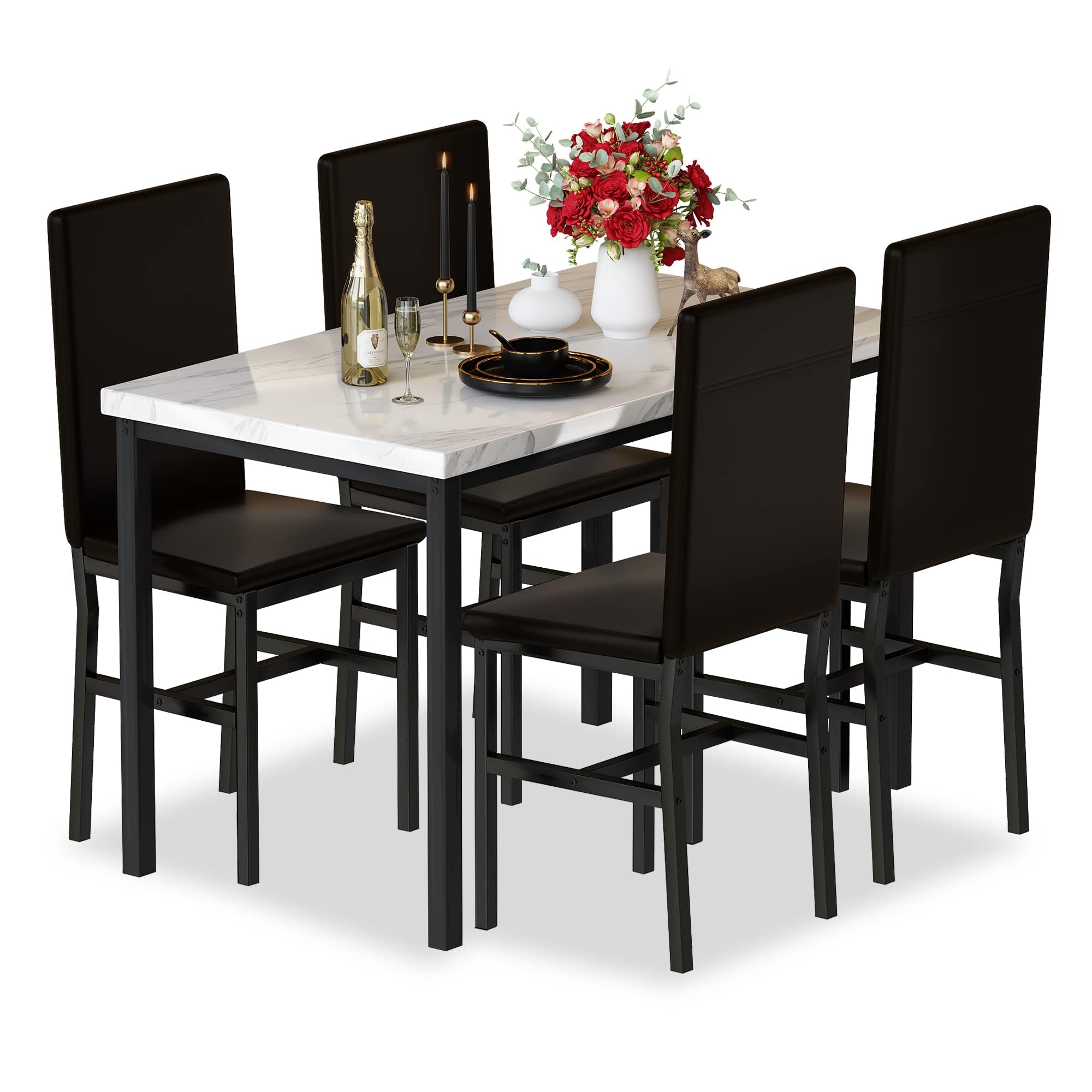 Hooseng Modern 5-Piece Dining Set - White Faux Marble Table with 4 PU Leather Chairs for Small Spaces | Perfect for Apartments, Home Bars & Compact Dining Areas