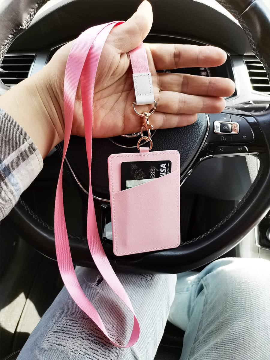 Slim Leather ID Badge Holder & Credit Card Wallet - Minimalist Vertical Design with Neck Lanyard for Men & Women (Pink) - Perfect for Office, School, Events & Travel Accessories