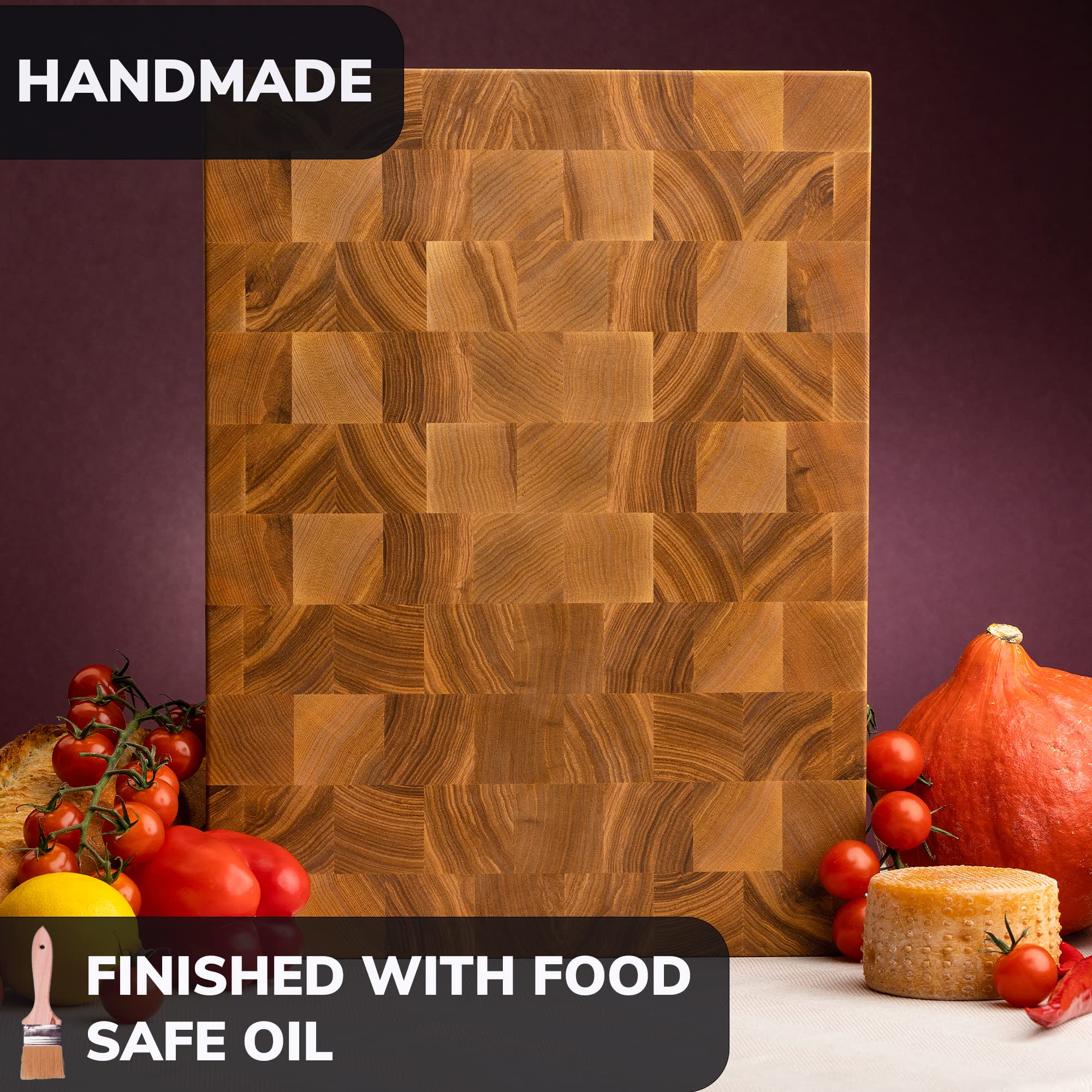 Premium 16x12 Inch Butcher Block Cutting Board - End Grain Ash Wood Chopping Board for Meat, Vegetables & Fruits - Heavy Duty Kitchen Cutting Board for Chefs & Home Cooking