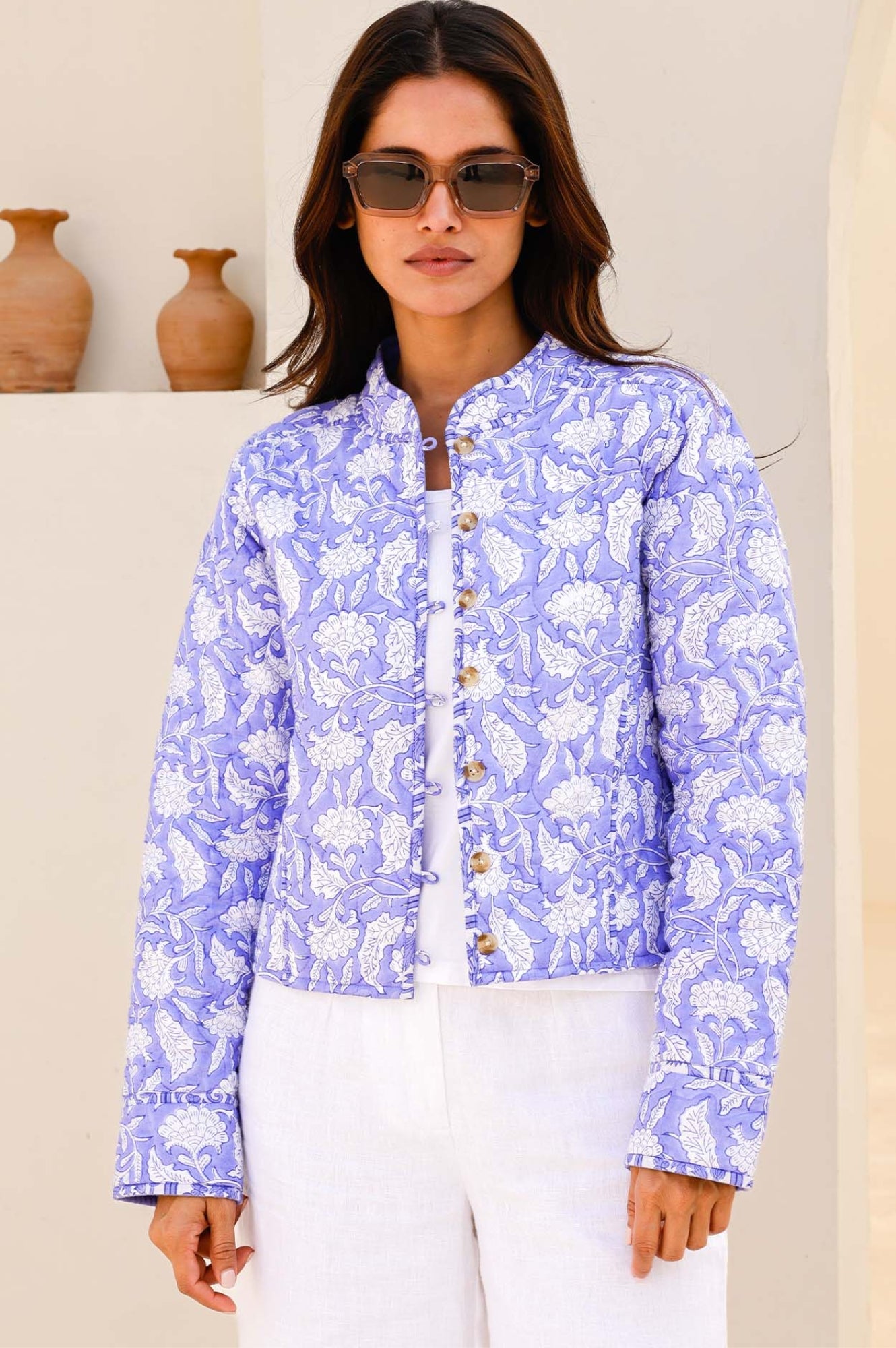 Polly Organic Cotton Block Print Quilted Jacket - Iris Blue & White | Eco-Friendly Women's Outerwear for Spring & Fall Fashion