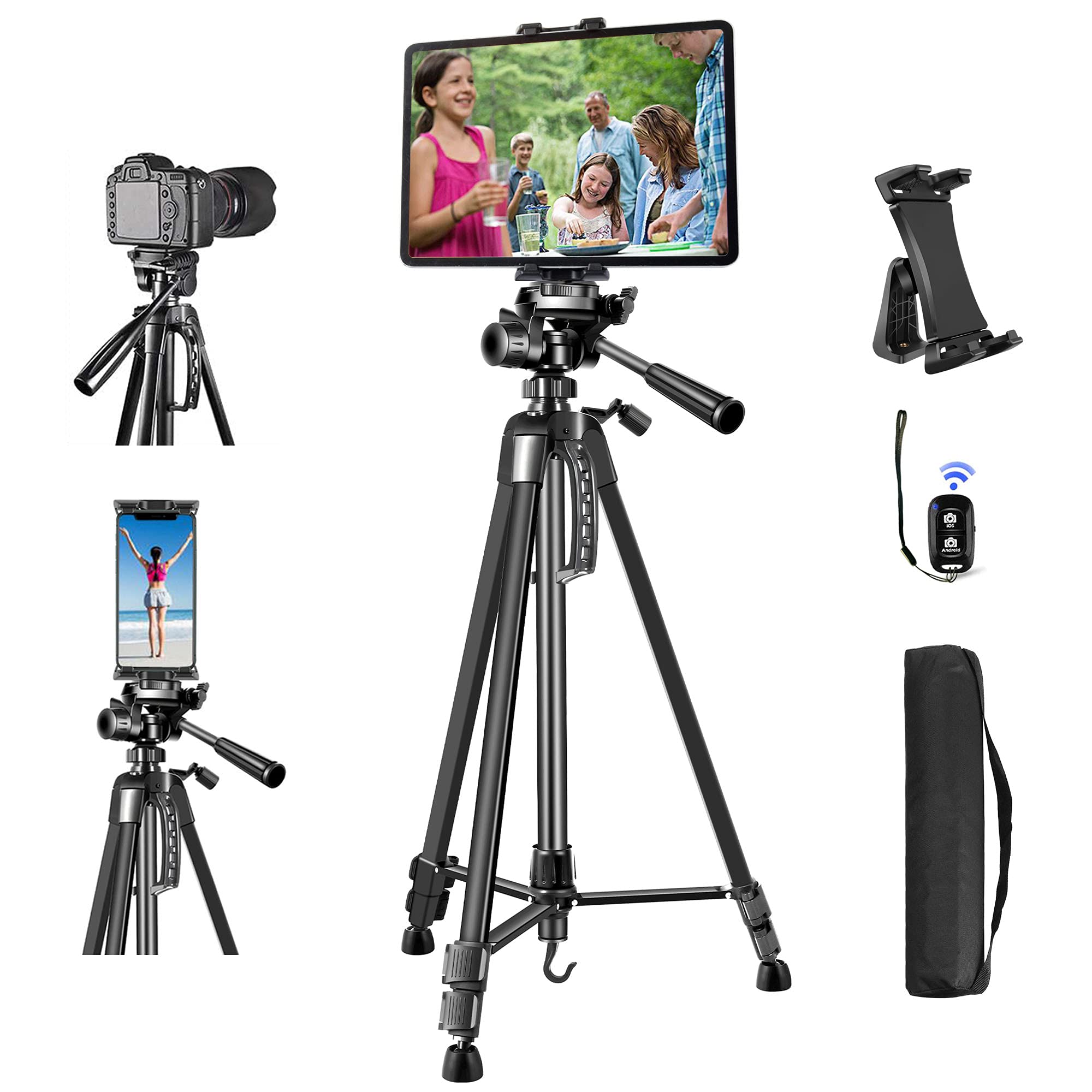Heavy Duty 60-inch Adjustable Tripod Stand for iPad, iPhone, Tablet (3.5-13.5 inch) - Compatible with iPad Pro/Air/Mini 12.9/11, DSLR Cameras - Includes Remote for Video Calls, Zoom Meetings & Photography