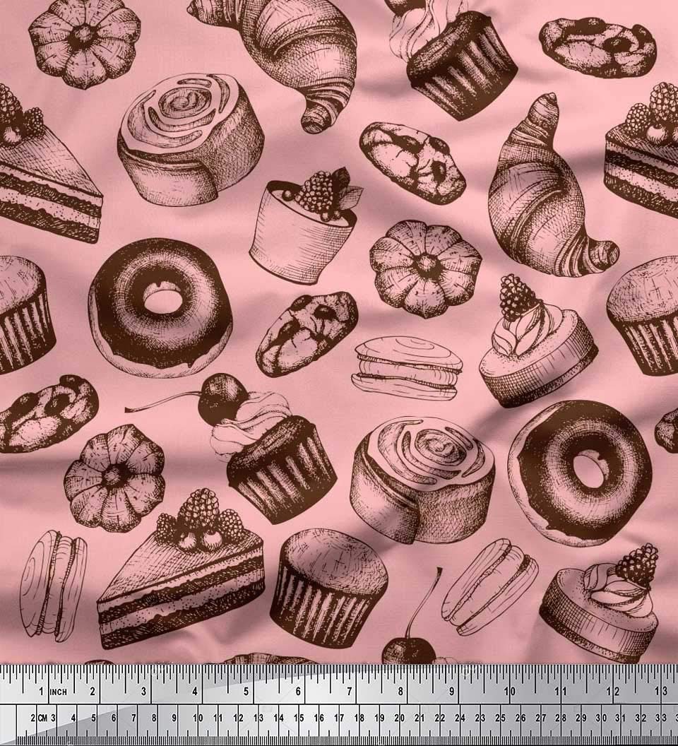 Soimoi Pink Silk Fabric by The Yard - 42 Inch Wide - Cupcake, Donut & Cookies Print - Whimsical Food-Themed Design for Sewing, Quilting & DIY Crafts - Perfect for Dresses, Scarves & Home Decor Projects