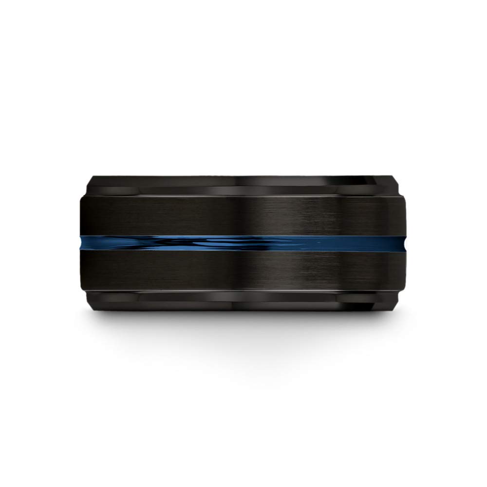 10mm Tungsten Carbide Wedding Band Ring for Men & Women - Blue Black Center Line, Step Bevel Edge, Black Brushed & Polished Finish - Custom Engraved for Anniversary & Engagement - Perfect for Everyday Wear, Special Occasions & Gift Giving