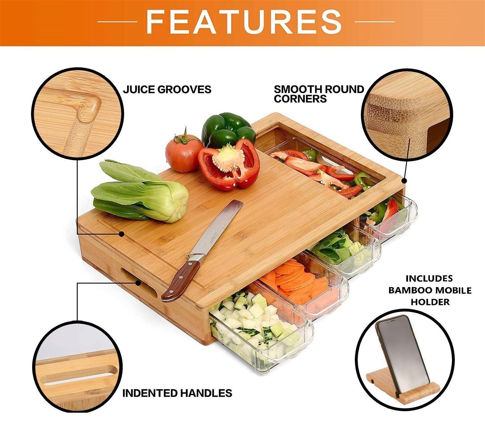 Premium Bamboo Cutting Board Set with 4 Airtight Containers & Mobile Holder - Eco-Friendly Kitchen Organizer for Meal Prep, Entertaining & Home Cooking Gifts