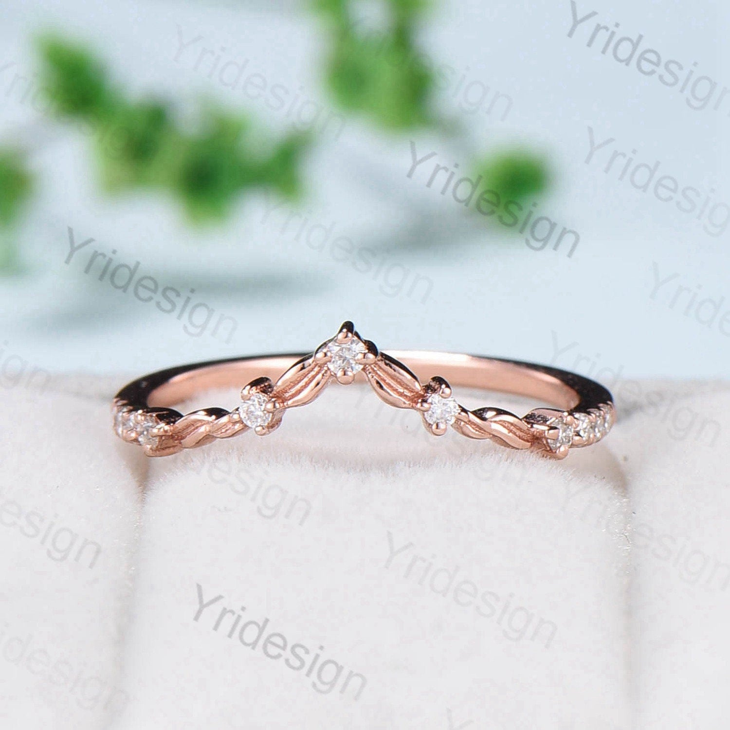 Elegant Curved V-Shaped Rose Gold Wedding Band for Women - Twisted Diamond & Moissanite Stacking Ring Set, Art Deco Inspired Matching Band | Perfect for Anniversaries, Engagements & Everyday Luxury Jewelry