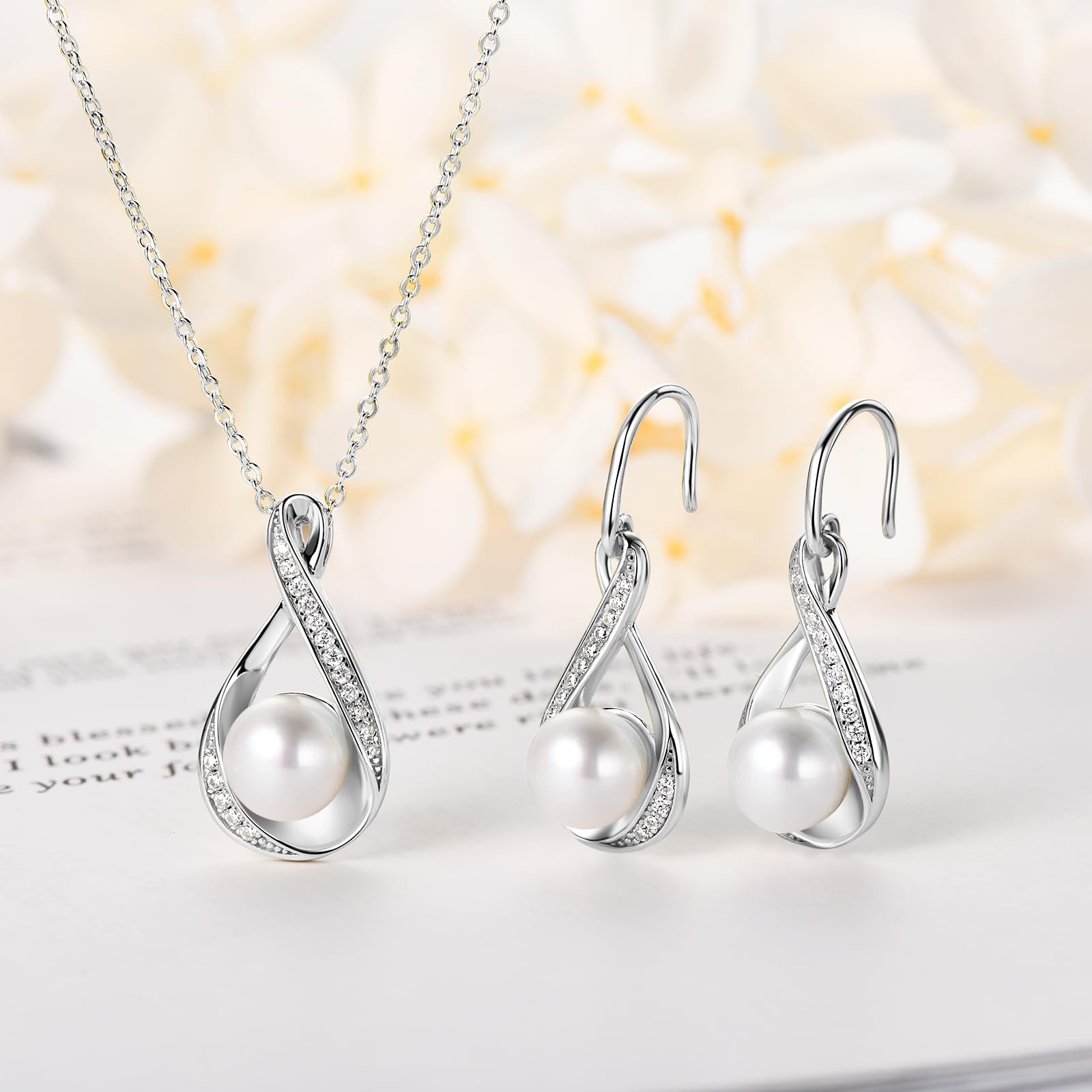 Sterling Silver Pearl Jewelry Set with Moissanite - Elegant Wedding & Gift for Women