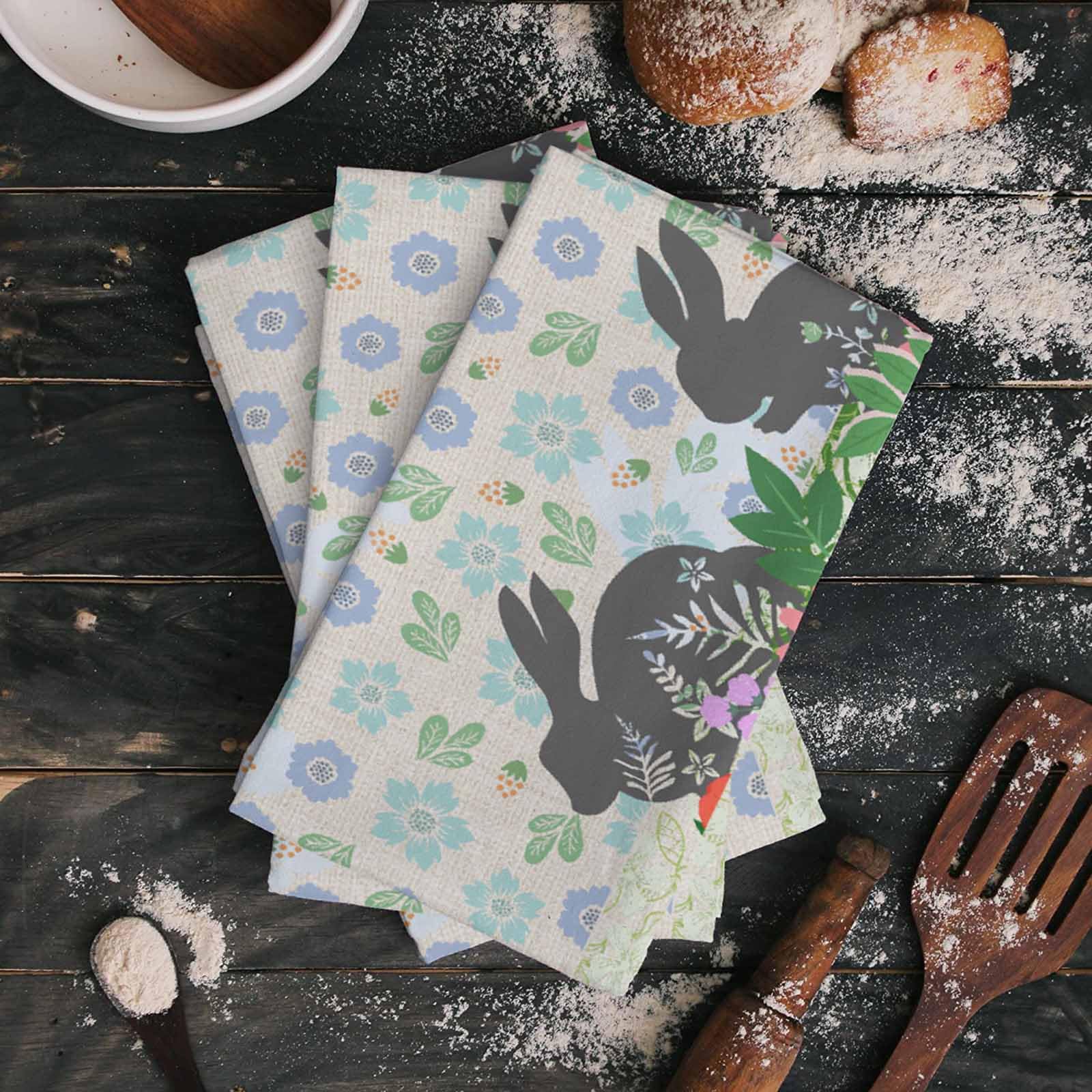 **3 Pack Super Absorbent Microfiber Dish Towels - Soft Kitchen Hand Towels with Easter Bunny & Floral Design for Washing Dishes, Cleaning, Bathroom & Bar Use**    *(Perfect for Spring Decor, Dish Drying, Counter Wiping & Hostess Gifts!)*
