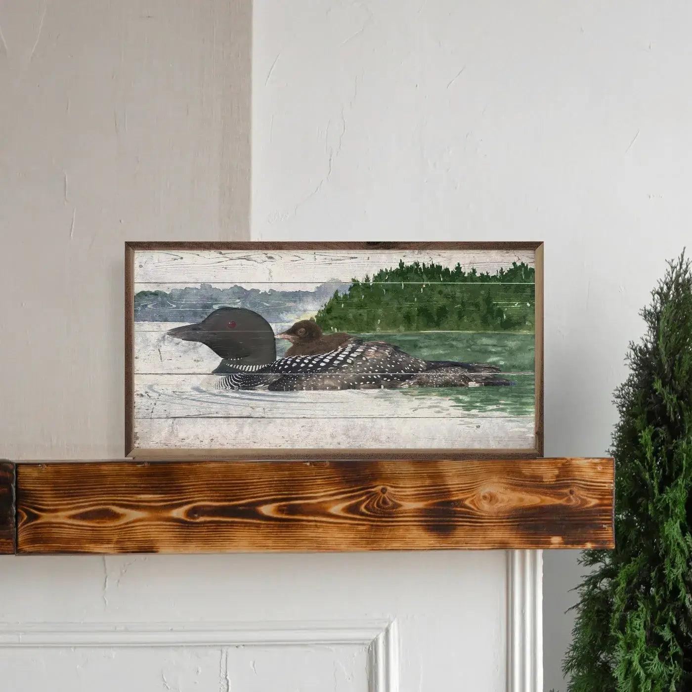 Loon and Baby on Water Wood Framed Print - Nature Wildlife Wall Art Decor for Living Room, Nursery, or Office