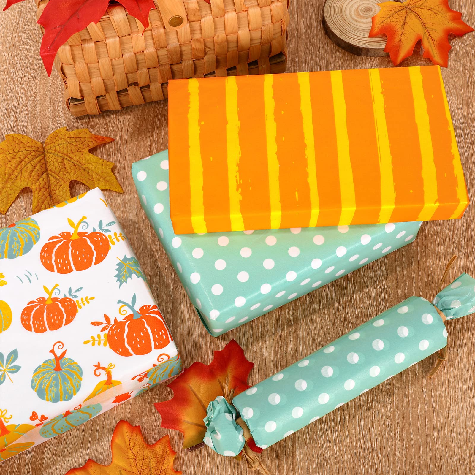 Whaline Fall Tissue Paper - 90 Sheets of Orange & Blue Pumpkin Wrapping Paper (14x20 Inch) for Thanksgiving Gifts, DIY Gift Bags, Party Favors & Autumn Home Decor | Rustic Art Paper for Seasonal Crafts, Table Settings and Festive Celebrations