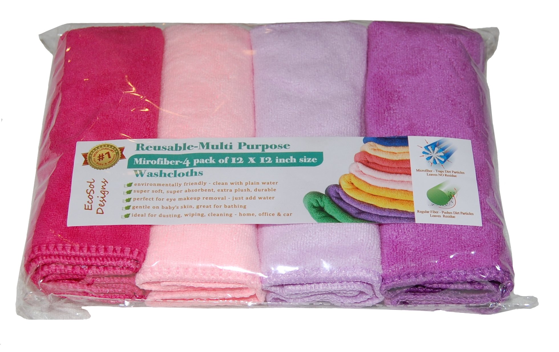 EcoSol Designs - 12x12 Inch Microfiber Cleaning Towels Set of 4 | Ultra Soft, Thick & Quick Dry | Perfect for Car Detailing, Kitchen Cleaning, Gym & Office Use | Dark Pink, Light Pink, Purple & Lavender