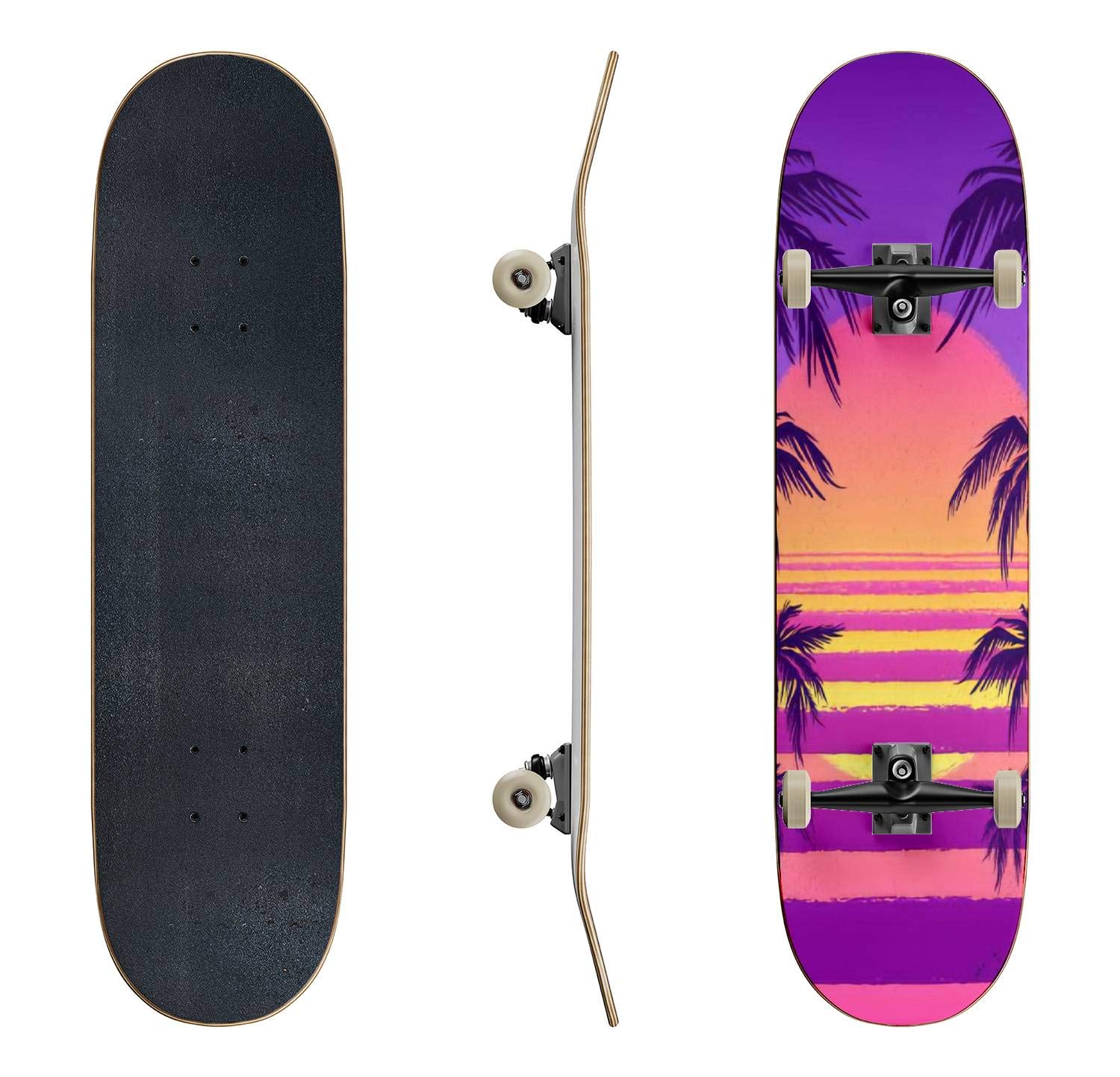 Vintage Sunset Palm Tree Skateboard - Trendy Purple Retro Design, Classic Concave Deck for Beginners & Pros | Perfect Longboard for Extreme Sports, Teen Gifts & Beach Cruising