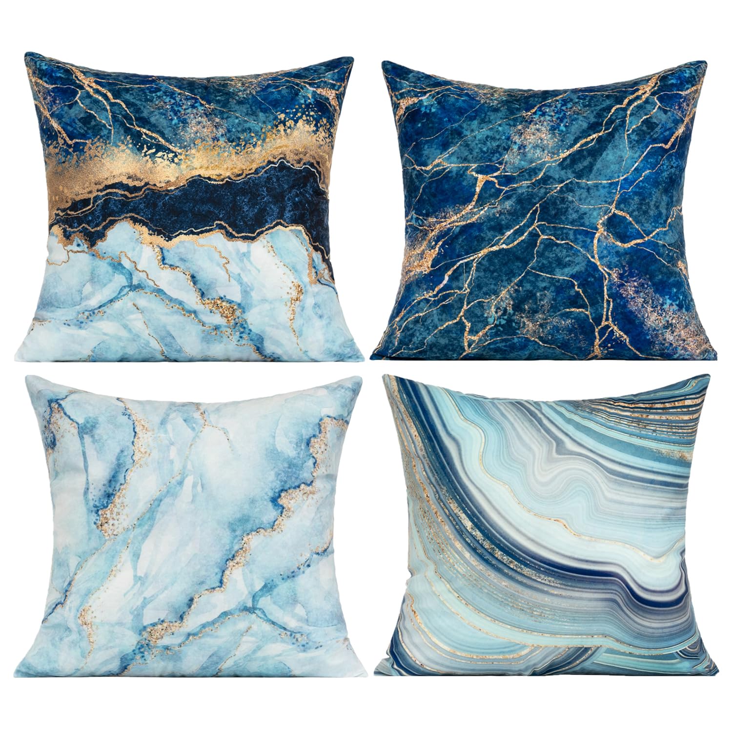 VAKADO Decorative Throw Pillow Covers 16x16 Inch Set of 4 - Navy Blue Gold Marble Print Indoor Outdoor Cushions for Sofa, Bedroom, Patio & Living Room Decor | Waterproof & Durable Home Accent Pillows
