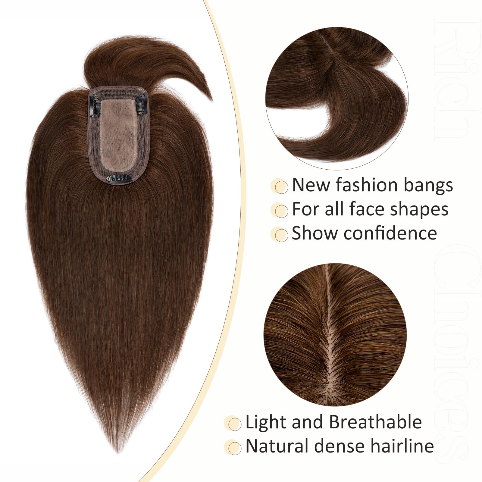 100% Human Hair Toppers for Women with Bangs - 6 Inch Brown Remy Hair Clip-In Topper for Thinning Hair | Natural Look for Daily Wear, Parties & Special Occasions