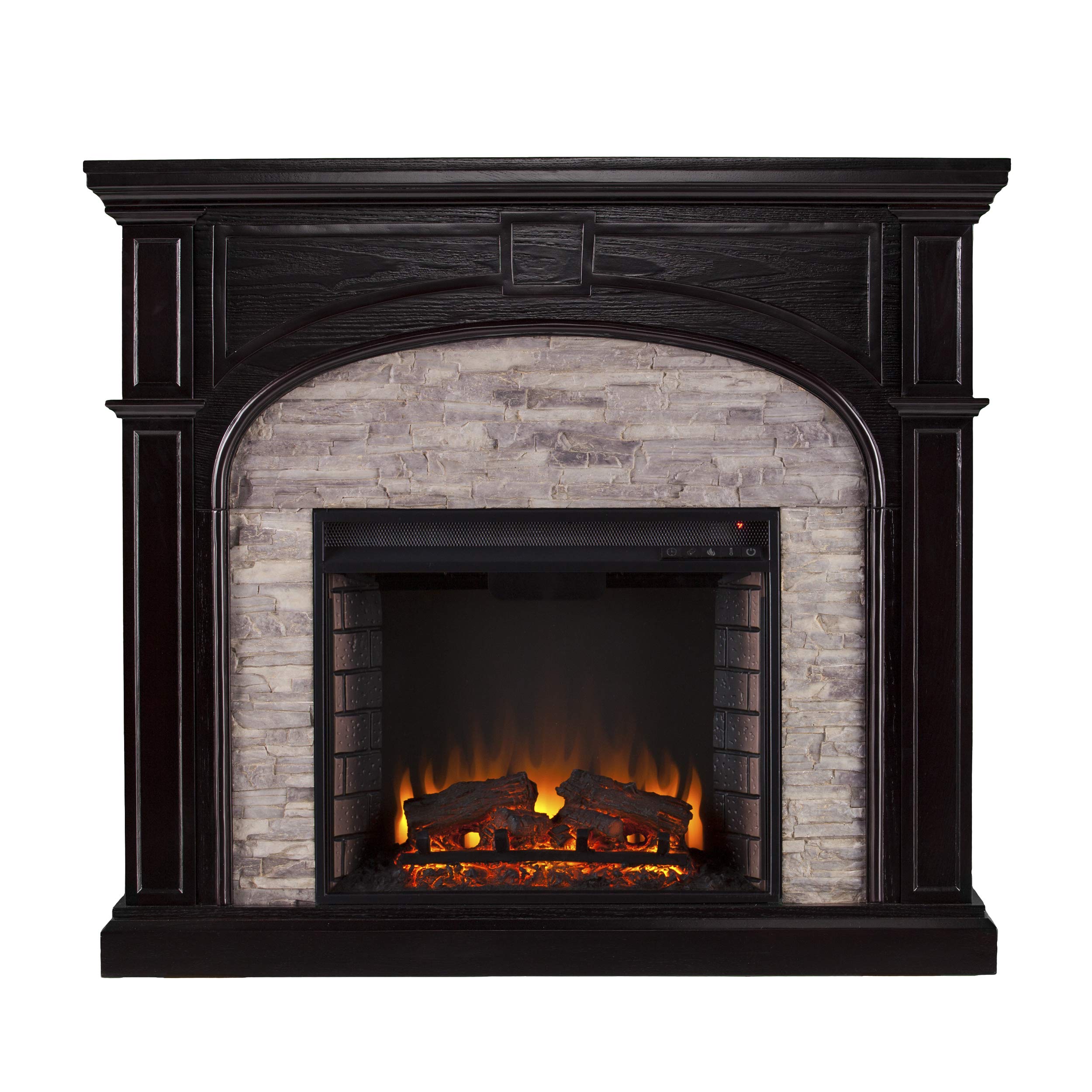 Tanaya Electric Fireplace with Realistic Flame - Ebony Finish & Gray Stacked Stone Design - Perfect for Living Room, Bedroom, or Office Heating & Ambiance