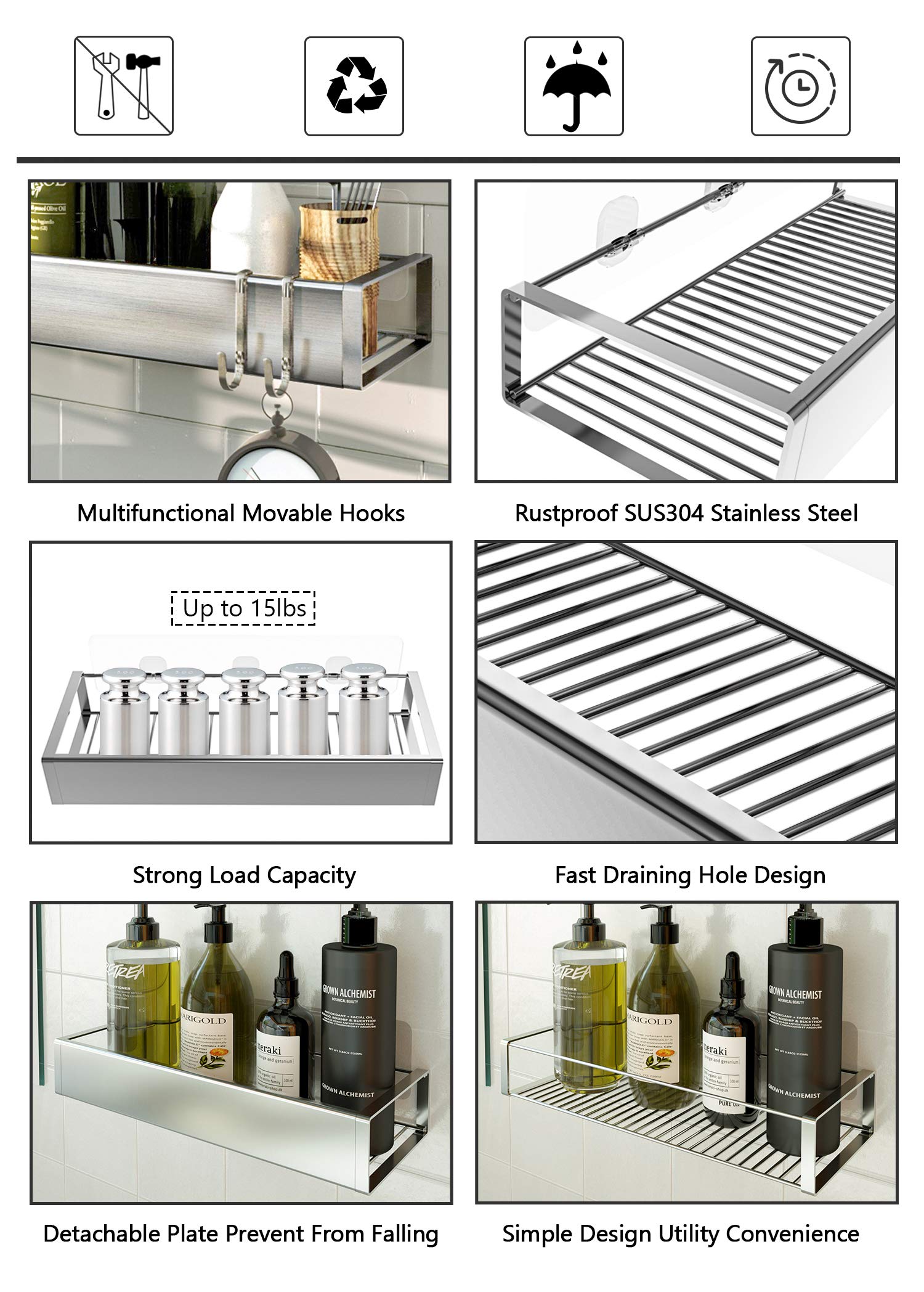 Stainless Steel Rustproof Shower Caddy with Hooks - No Drill Removable Bathroom Organizer Shelf for Shampoo, Sponge & Toiletries Storage | Perfect for Small Bathrooms, Apartments & Dorm Showers (Silver)