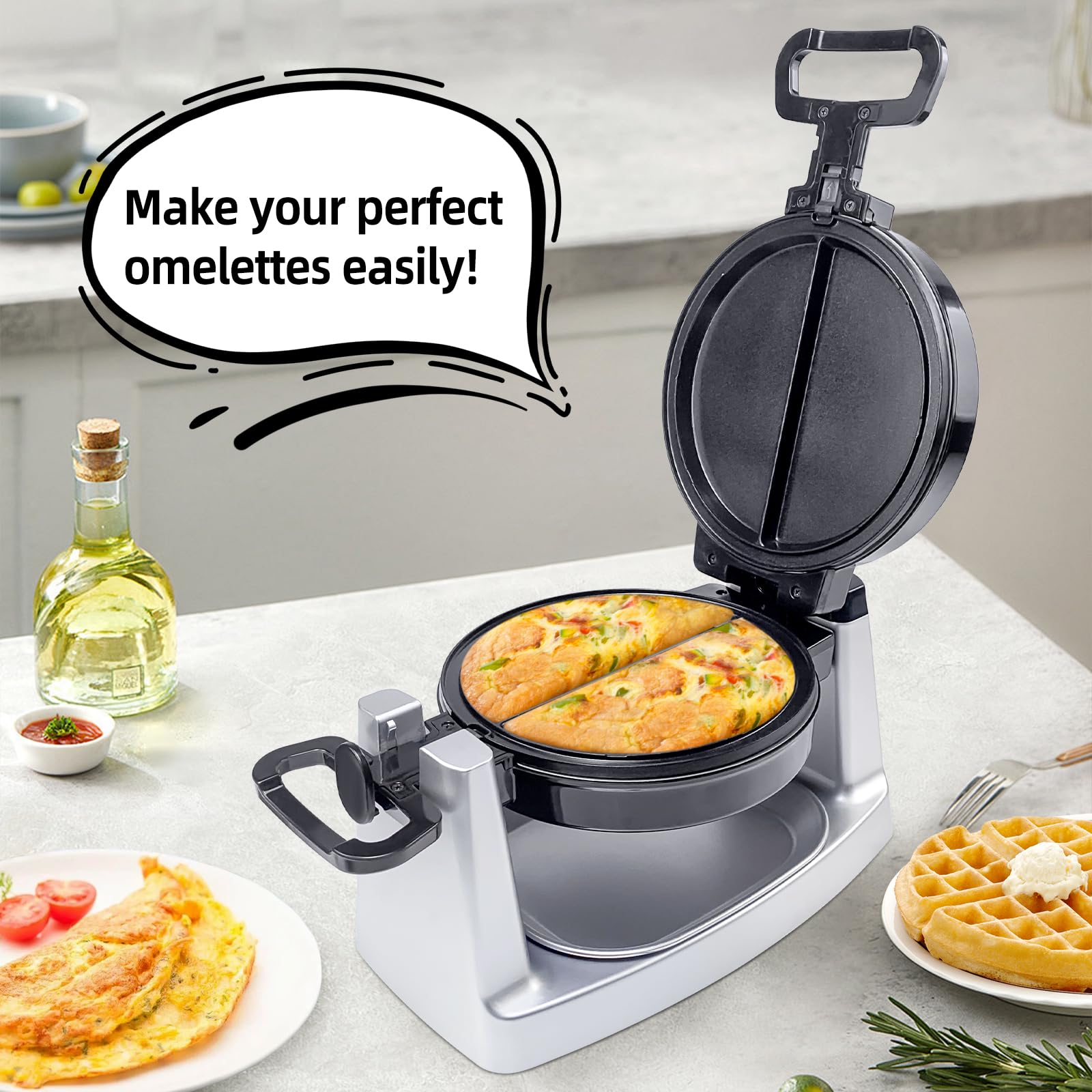 2-in-1 Rotating Waffle Maker & Omelet Maker with Removable Non-Stick Plates - 180° Belgian Waffle Iron for Perfect Breakfast & Brunch - Ideal for Home, Kitchen, Parties & Gifts