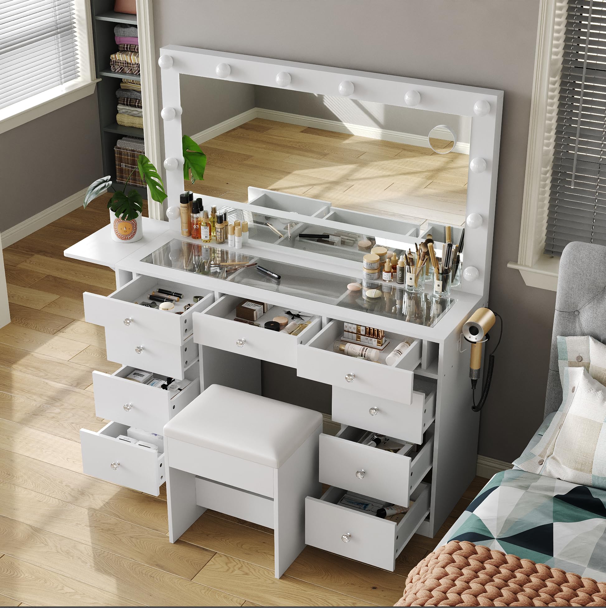 Vanity Desk with Power Outlet & LED Lights - Makeup Vanity Set with Mirror, 9 Drawers & Fold-up Panel - 3 Adjustable Lighting Modes (White) | Perfect for Bedroom, Dressing Room & Beauty Salon