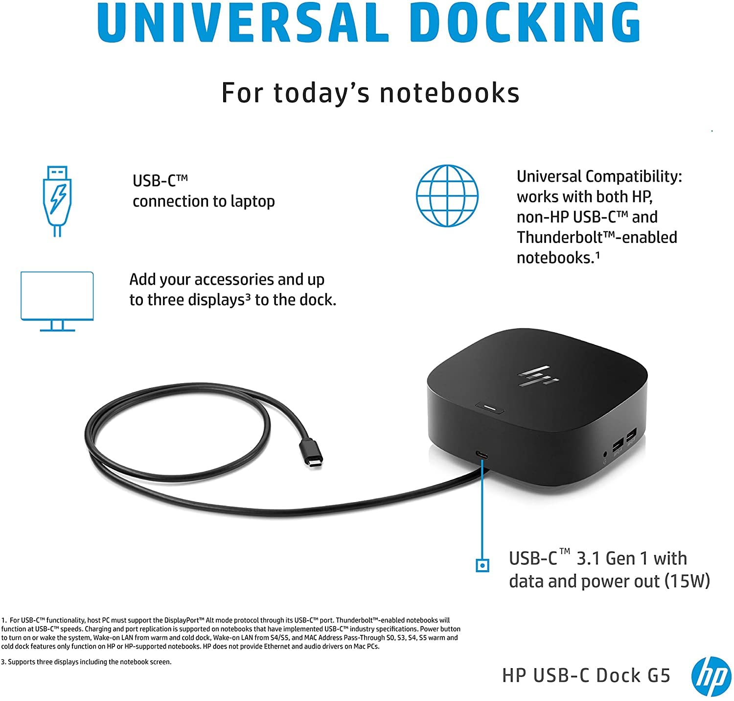 HP USB-C G5 Docking Station - Universal Laptop Dock with 100W Charging, Dual 4K Display, 10 Ports for Home & Office Workspace Setup