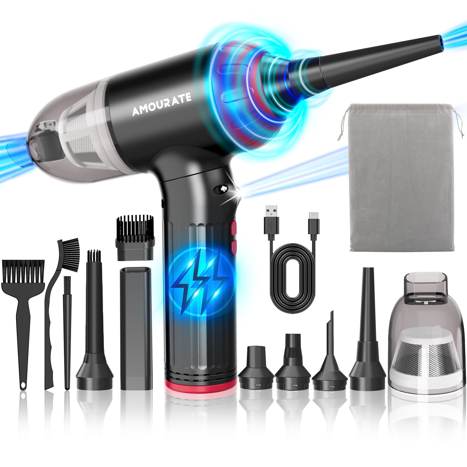130,000 RPM Cordless Electric Air Blower for PC Keyboard Cleaning - Rechargeable Compressed Air Duster with 3 Speed Settings & LED Light - Perfect for Computer, Car Interior, Electronics and Office Equipment Maintenance
