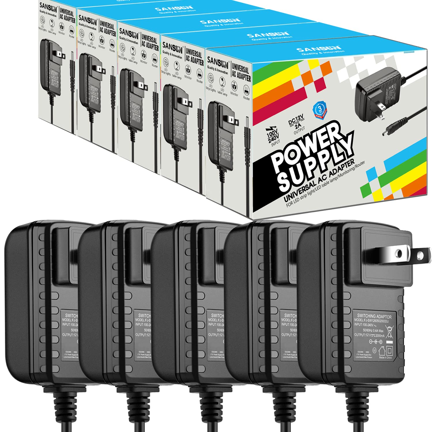 12V 2A Power Adapter 24W, AC 120V to DC 12V Converter with 5.5x2.1mm Jack - Universal Power Supply for LED Strip Lights, CCTV Cameras, Hard Drives, Monitors, Routers (Pack of 5) - Perfect for Home Security Systems & Office Electronics