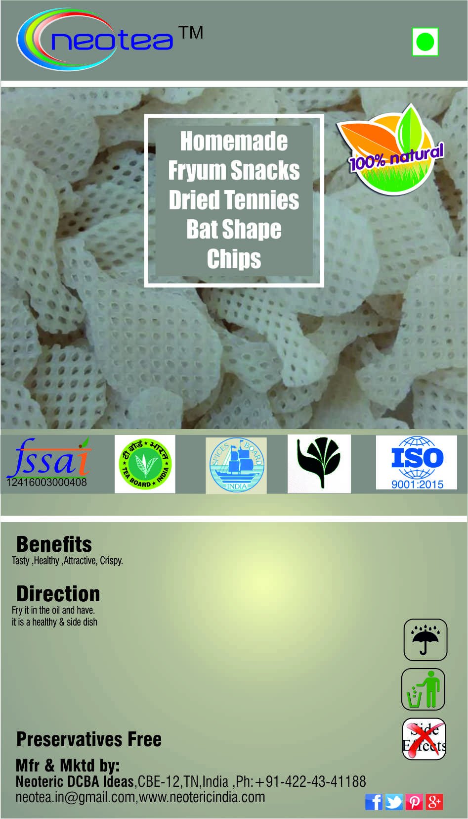 Neotea Homemade Fryum Snacks - Crunchy Dried Tennies Bat-Shaped Chips, 250g | Perfect for Movie Nights, Parties & Healthy Snacking