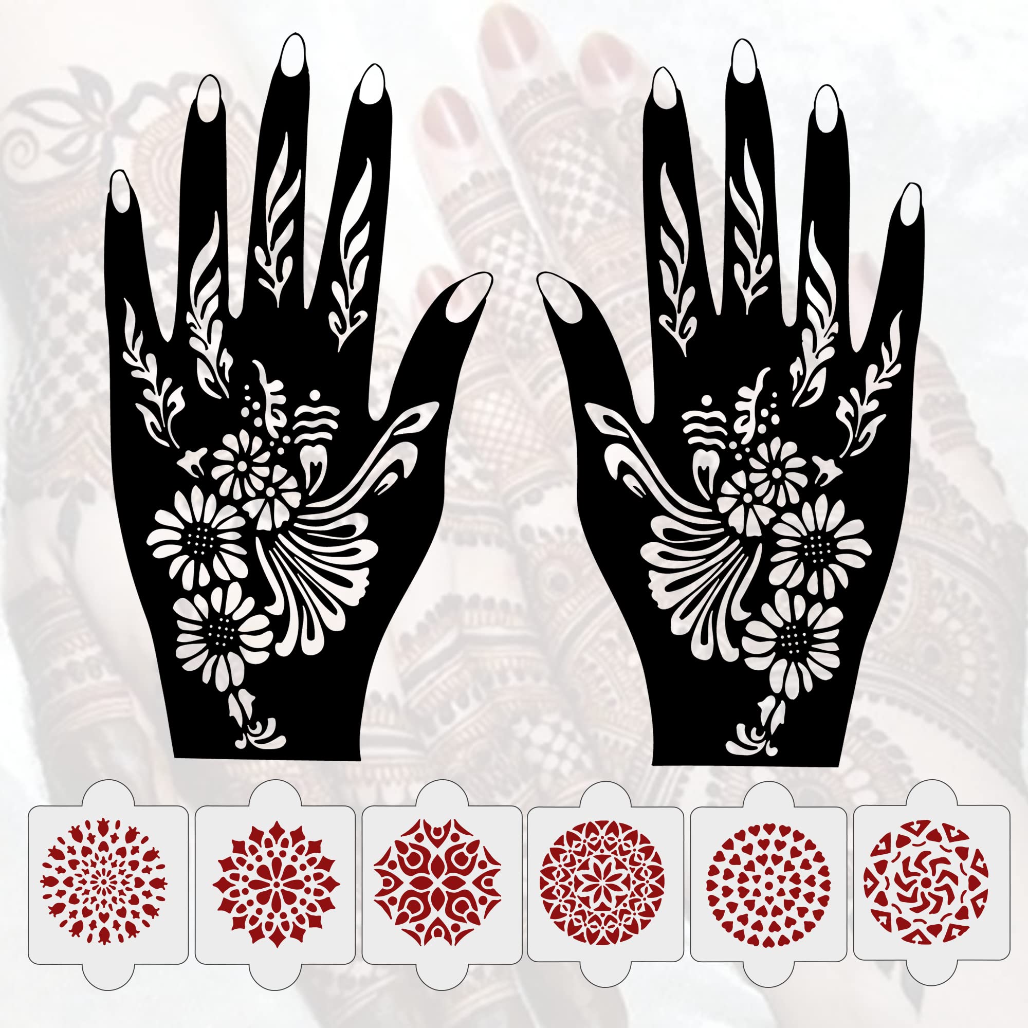 8 Pcs Henna Stencil Kit - 2 Henna Tattoo Stencils + 6 Reusable PVC Laser Cut Stencils for Women, Girls & Kids | Easy Application Mehandi Stickers for Full Hand Designs | Perfect for Weddings, Festivals & DIY Body Art