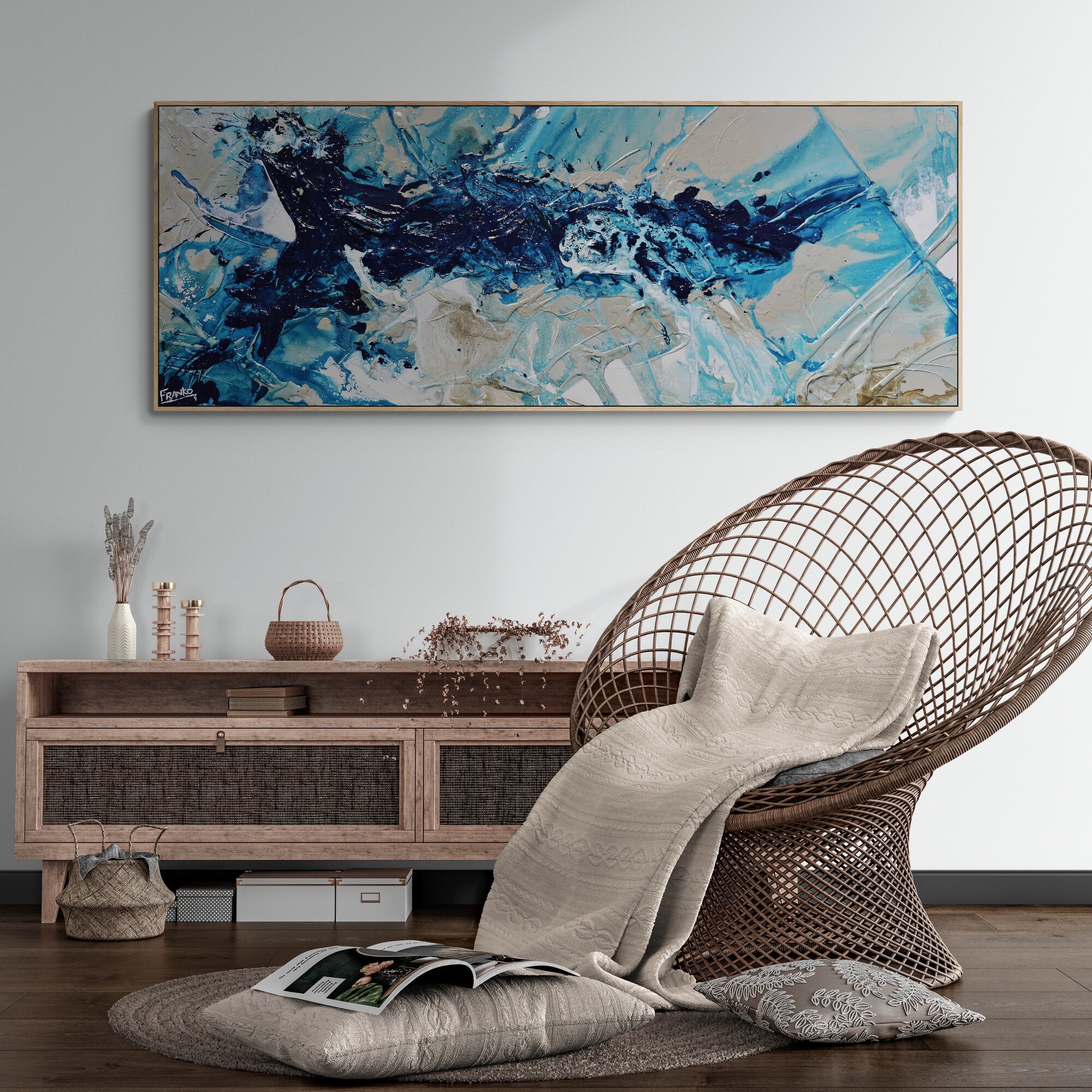 Navy Blue and White Textured Abstract Painting - 63 x 24 Inches (160x60cm) - Modern Wall Art for Living Room, Bedroom, or Office Decor