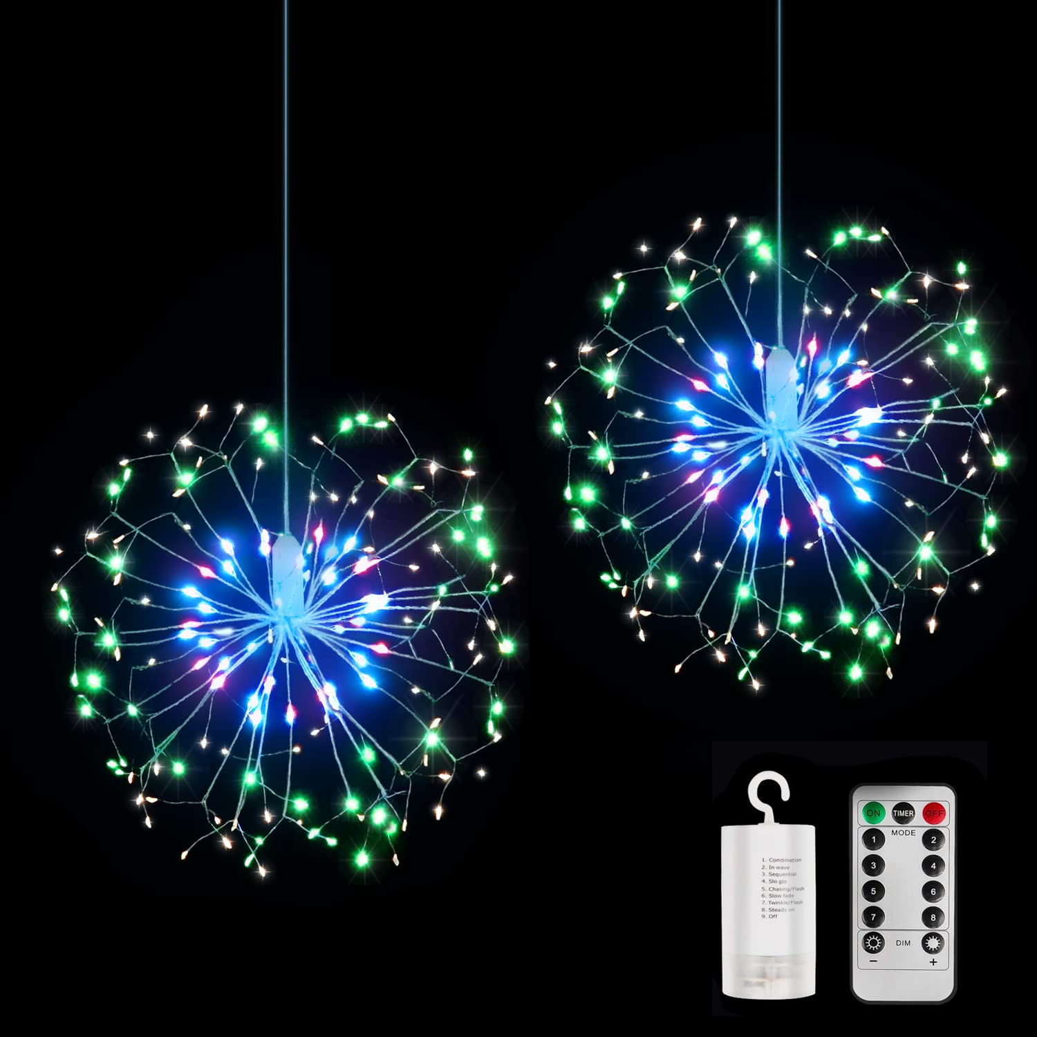 KOFOHO Starburst Firework LED String Lights - 8 Modes Dimmable Fairy Lights with Remote Control, 120 LED Battery Operated Hanging Lights for Christmas, Party, Wedding, Bedroom & Outdoor Decor (2 Pack)
