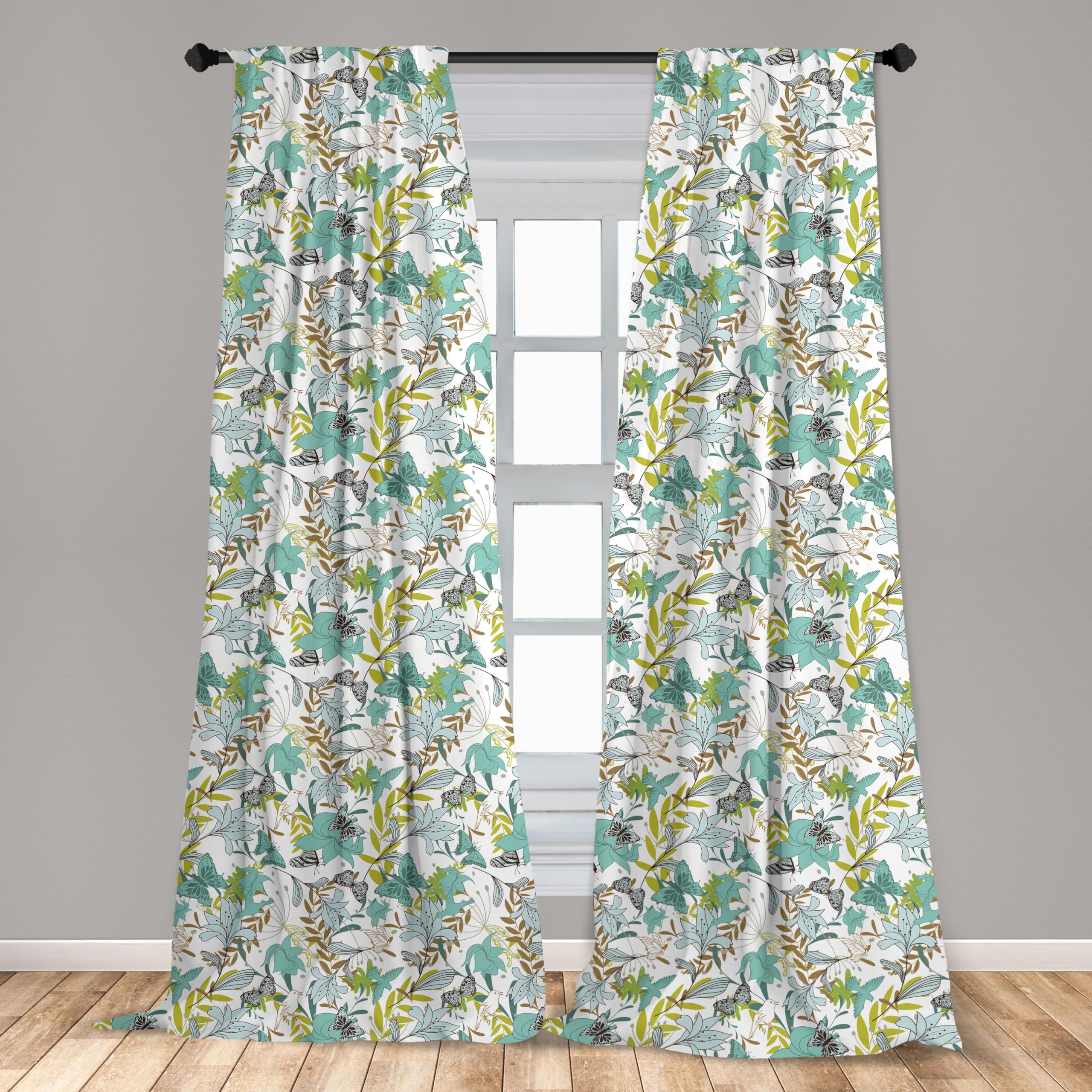 Ambesonne Floral Window Curtains with Flying Birds & Butterflies - Wildflower Nature Design Lightweight Decor 2-Panel Set (28
