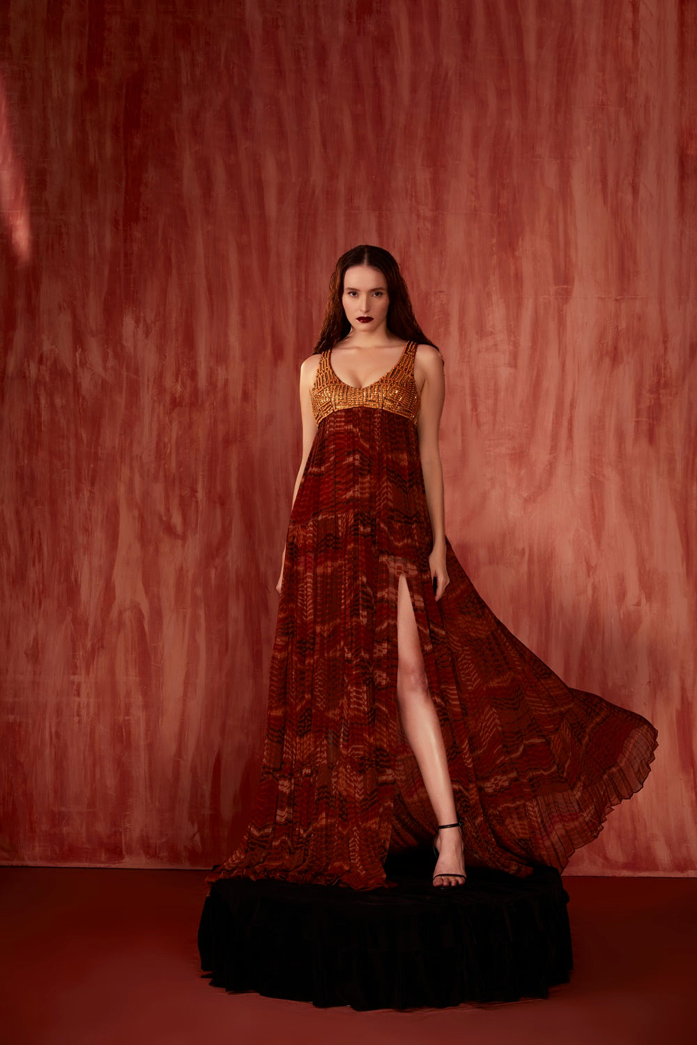 Elegant Tangerine Print Maxi Dress with Mosaic Brick Embroidery - Perfect for Summer Weddings & Beach Vacations