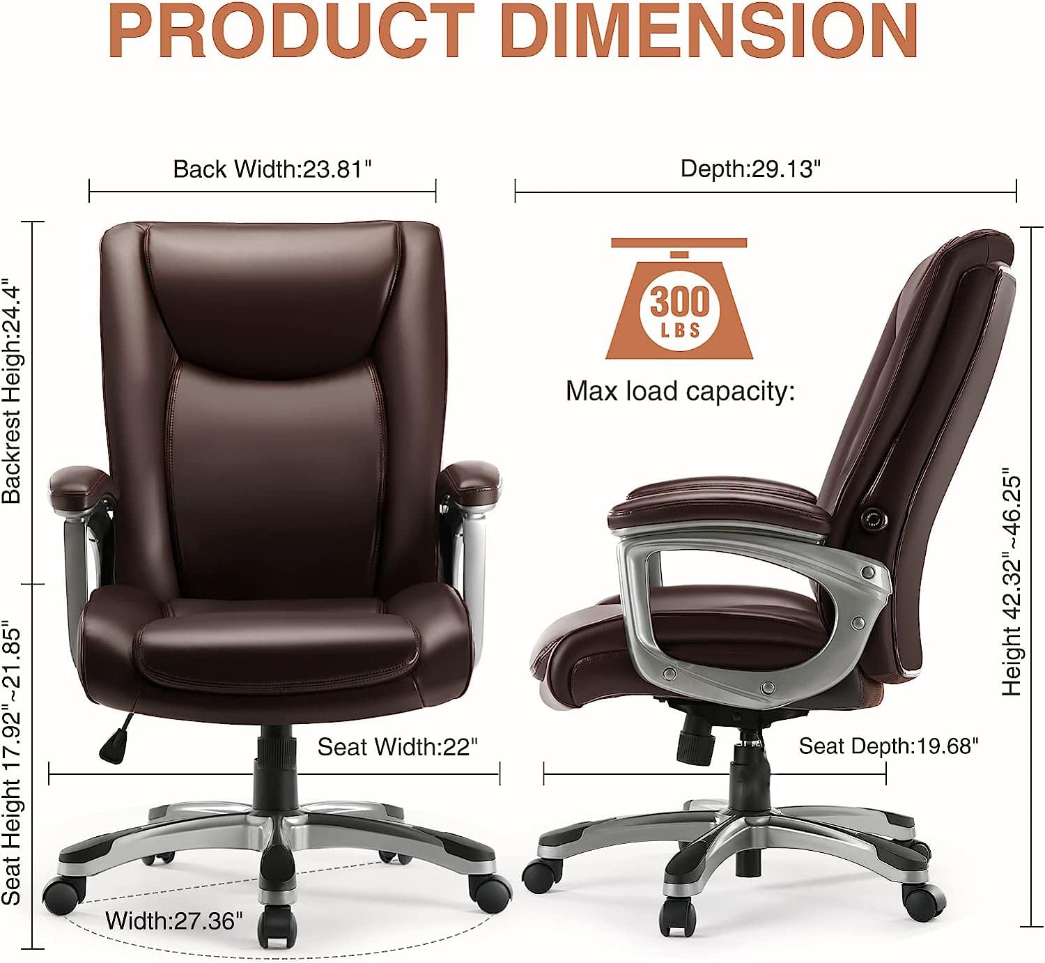 Ergonomic High Back Executive Swivel Chair - Adjustable Office Chair for Adults with Lumbar Support, Brown Leather - Perfect for Home Office, Conference Rooms & Corporate Workspaces