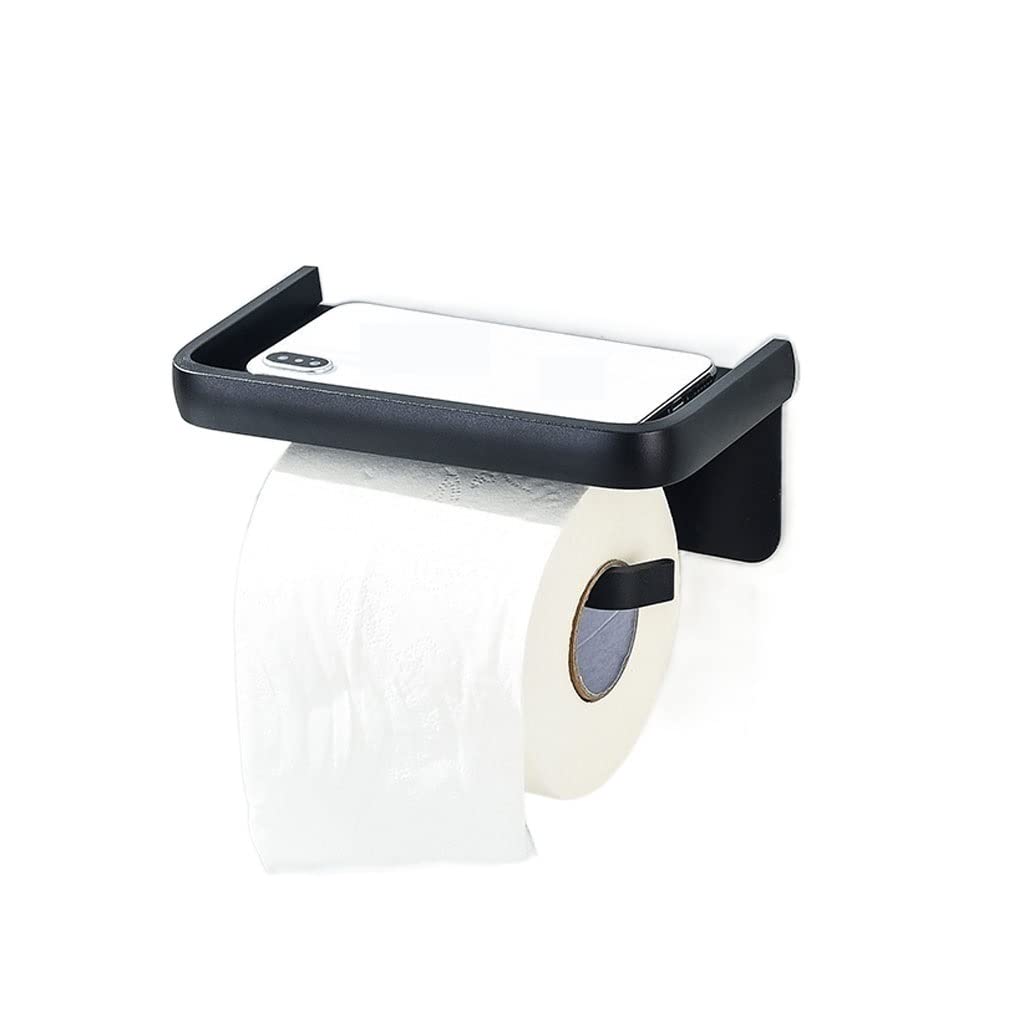 Black Wall Mounted Tissue Box Holder - Bathroom & Toilet Paper Organizer with Free Punch Design, Phone Shelf (Color B) | Perfect for Small Bathrooms, Powder Rooms & Vanity Areas