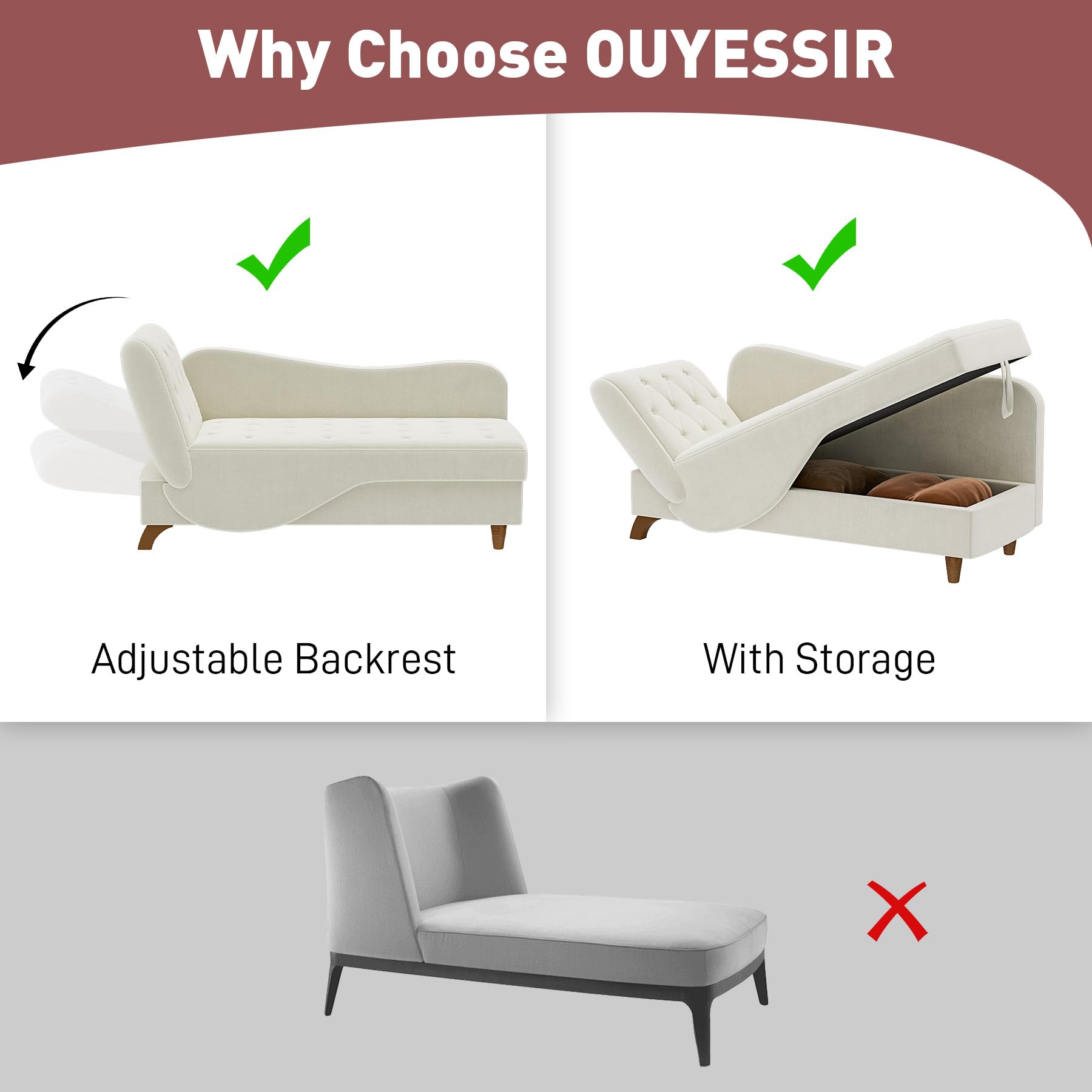 OUYESSIR Velvet Upholstered Chaise Lounge - Adjustable Recliner Sofa with Storage & Pillow, Button Tufted Living Room Chair for Bedroom, Office - Beige | Perfect for Relaxing, Reading & Small Space Living
